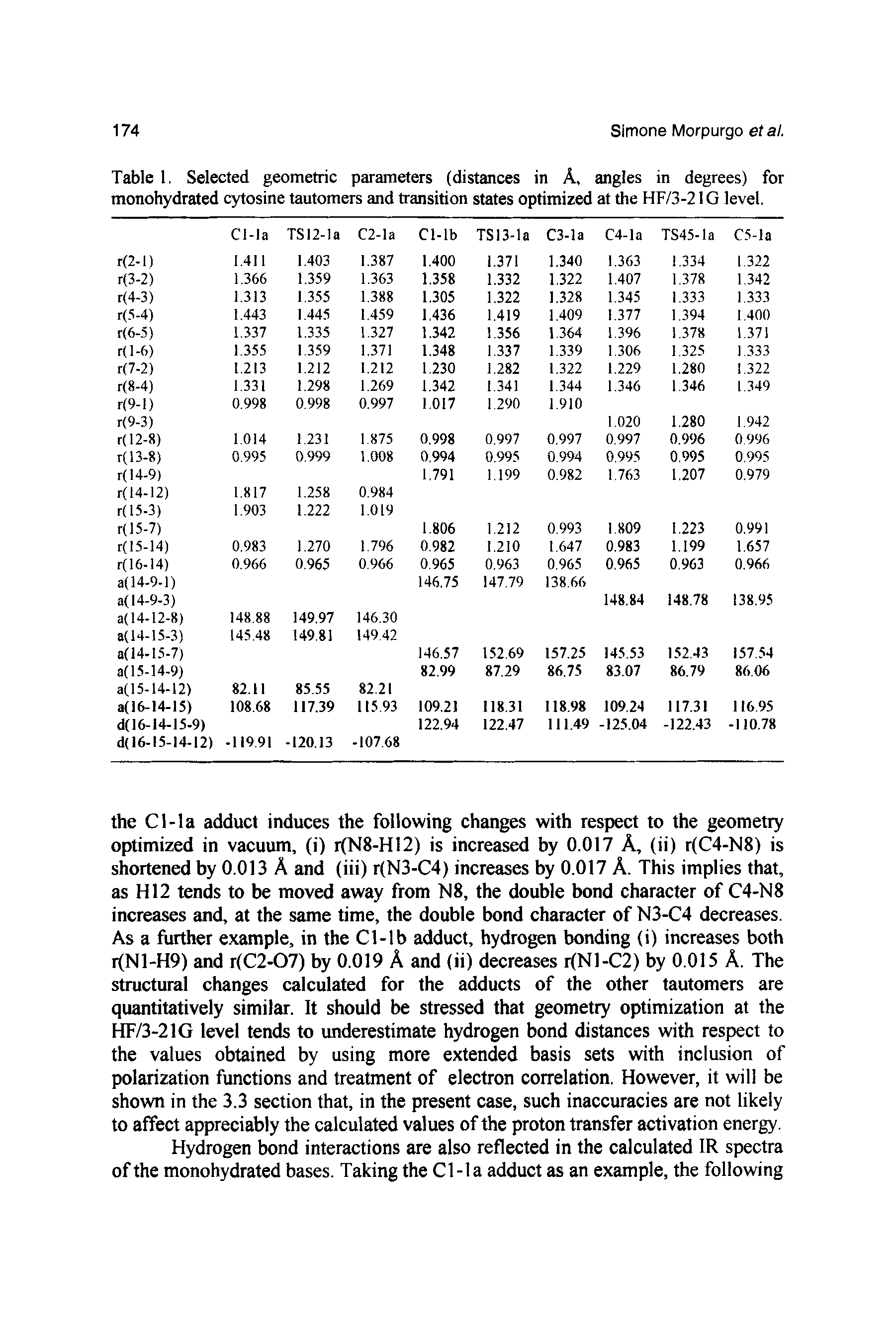 Table 1. Selected geometric parameters (distances in A, angles in degrees) for monohydrated cytosine tautomers and transition states optimized at the HF/3-2IG level.
