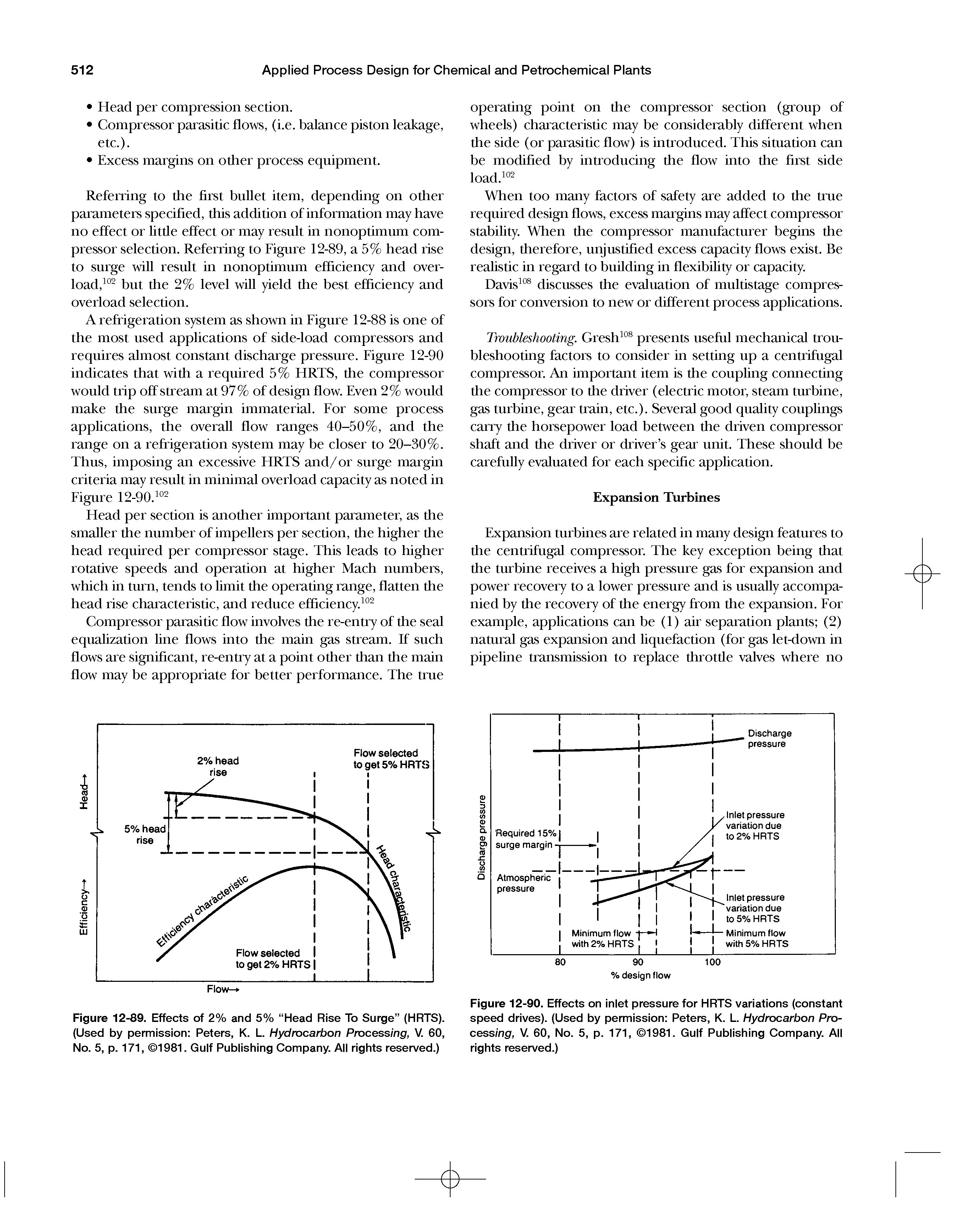 Figure 12-90. Effects on inlet pressure for HRTS variations (constant speed drives). (Used by permission Peters, K. L. Hydrocarbon Processing, V. 60, No. 5, p. 171, 1981. Gulf Publishing Company. All rights reserved.)...