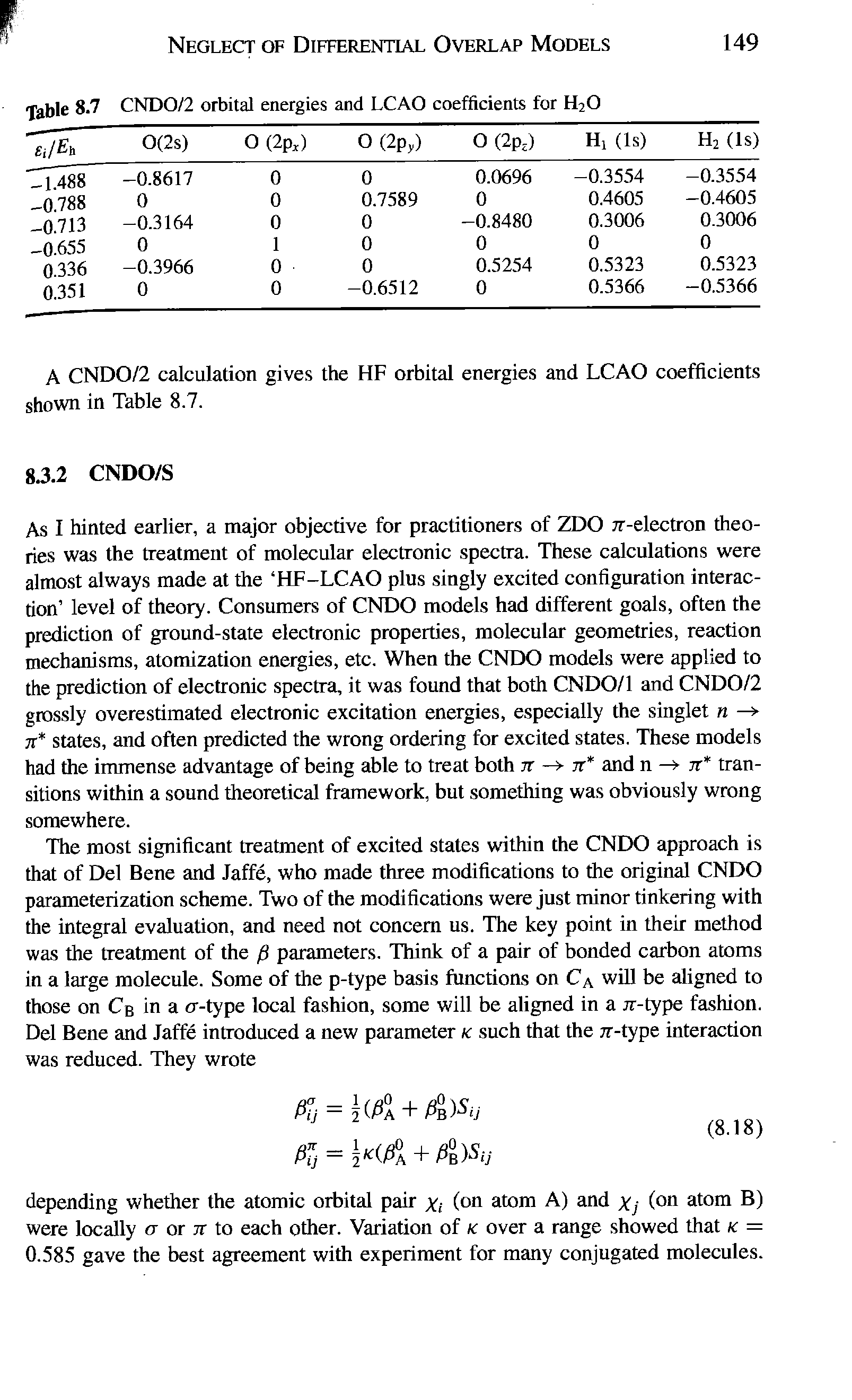 Table 8.7 CNDO/2 orbital energies and LCAO coefficients for H2O...