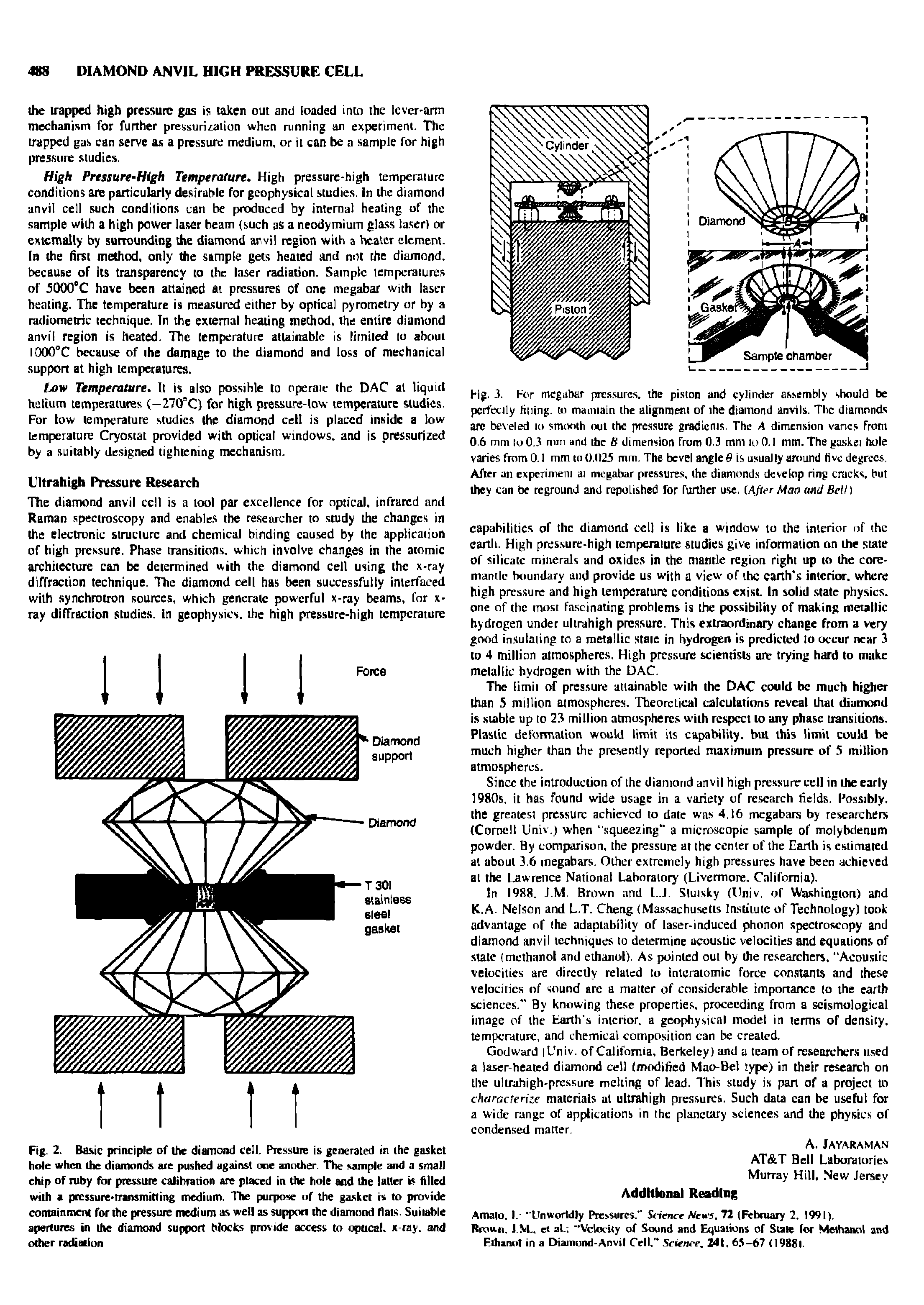 Fig. 2. Basic principle of the diamond cell. Pressure is generated in the gasket hole when the diamonds are pushed against one another. The sample and a small chip of ruby for pressure calibration are placed in the hole and the latter is filled with a pressure-transmitting medium. The purpose of the gasket is to provide containment for the pressure medium as well as support the diamond Dais. Suitable apertures in the diamond support Mocks provide access to optical, x-ray. and other radiation...