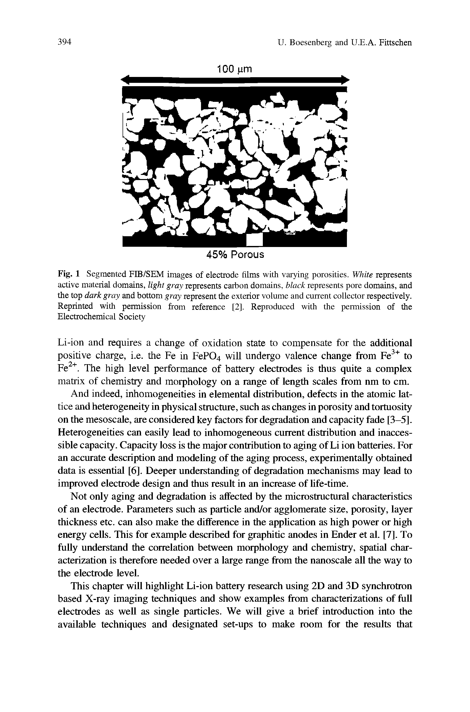 Fig. 1 Segmented FIB/SEM images of electrode films with varying porosities. White represents active material domains, light gray represents carbon domains, black represents pore domains, and the top dark gray and bottom gray represent the exterior volume and current collector respectively. Reprinted with permission from reference [2]. Reproduced with the permission of the Electrochemical Society...