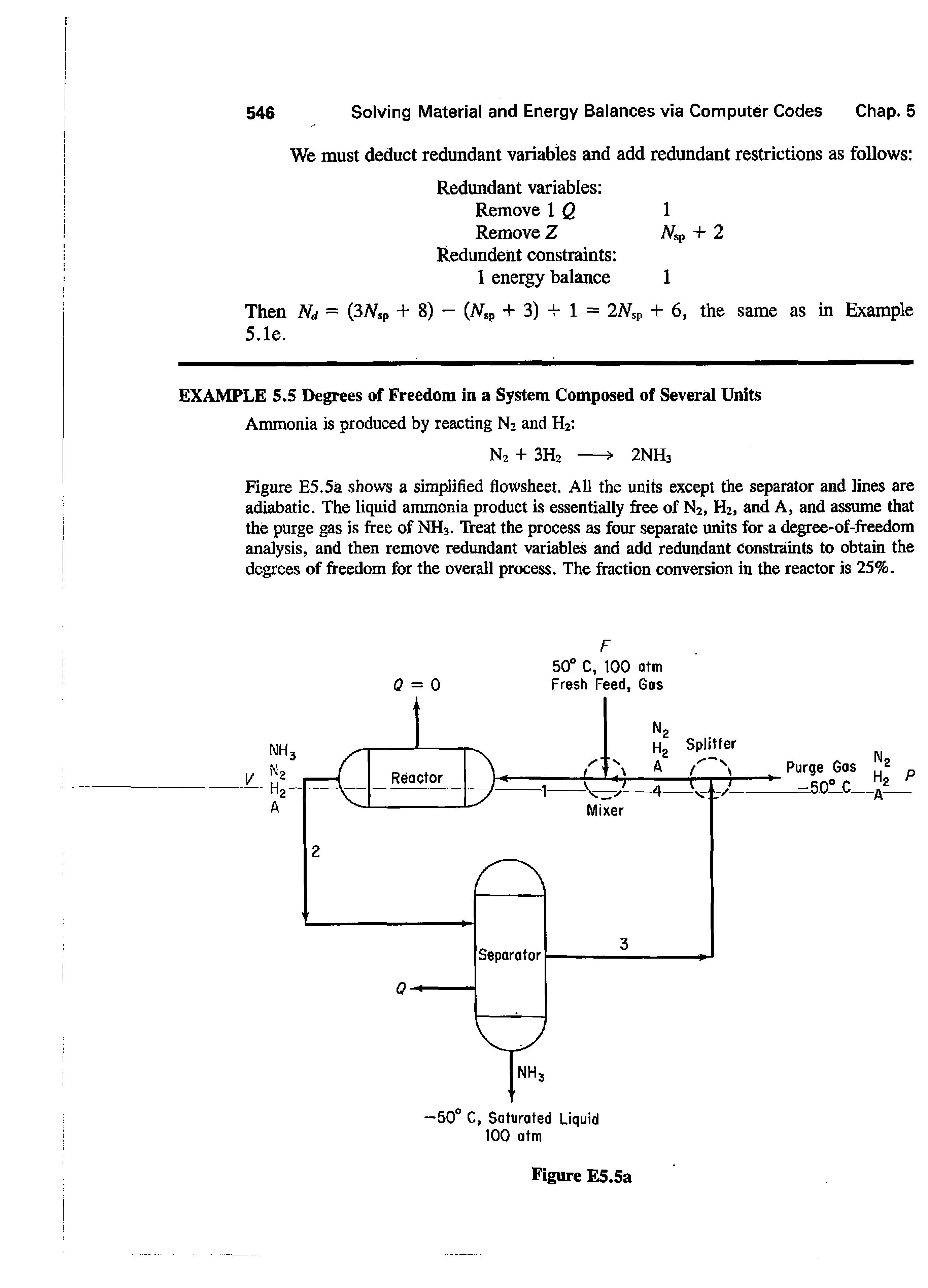 Figure E5.5a shows a simplified flowsheet. All the units except the separator and lines are adiabatic. The liquid ammonia product is essentially free of Nz, Hz, and A, and assume that the purge gas is free of NH3. Treat the process as four separate units for a degree-of-freedom analysis, and then remove redundant variables and add redundant constraints to obtain the degrees of freedom for the overall process. The fraction conversion in the reactor is 25%.