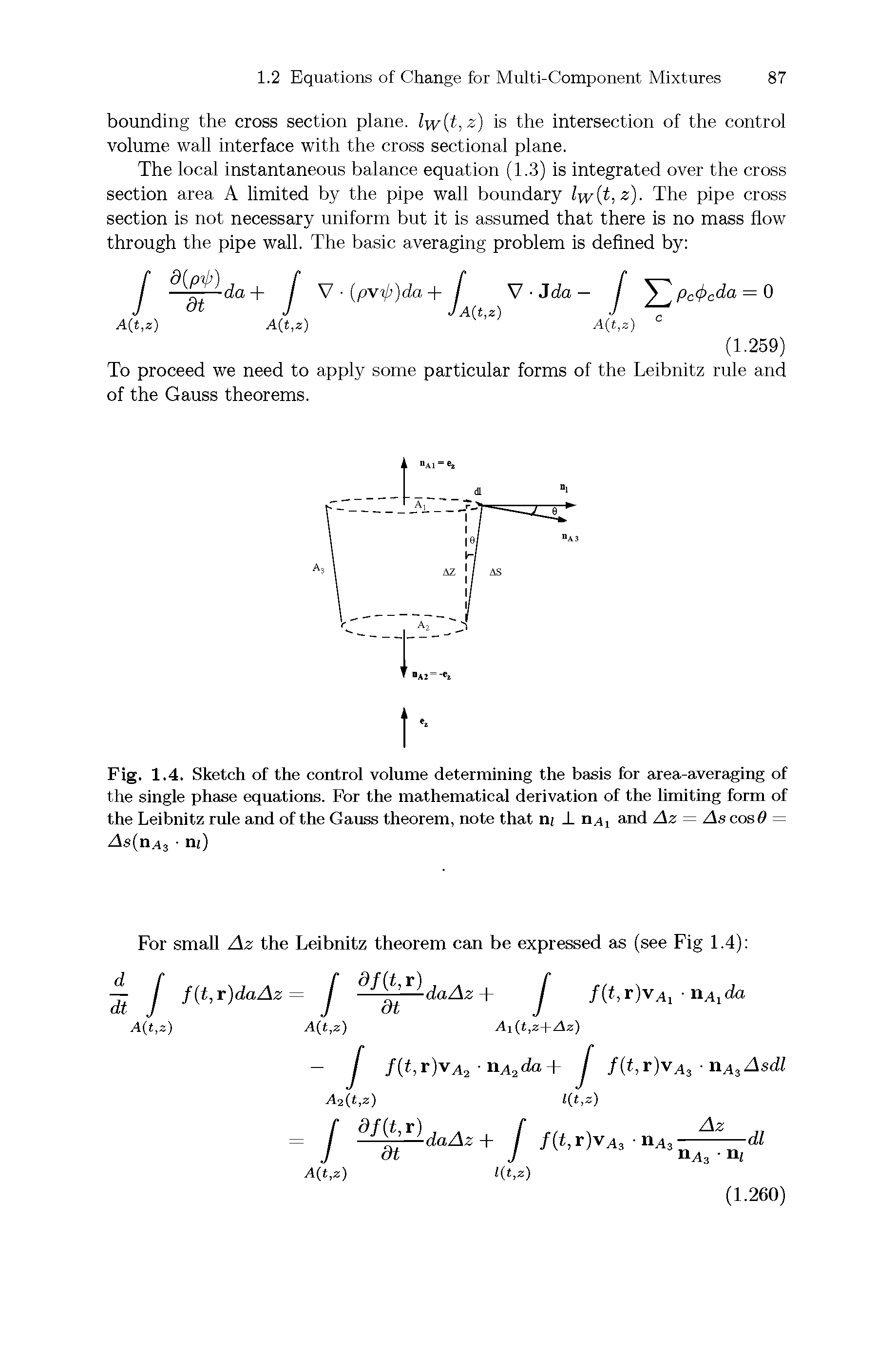 Fig. 1.4. Sketch of the control volume determining the basis for area-averaging of the single phase equations. For the mathematical derivation of the limiting form of the Leibnitz rule and of the Gauss theorem, note that n T n ij and Az = As cos 6 = As(n.43 0...