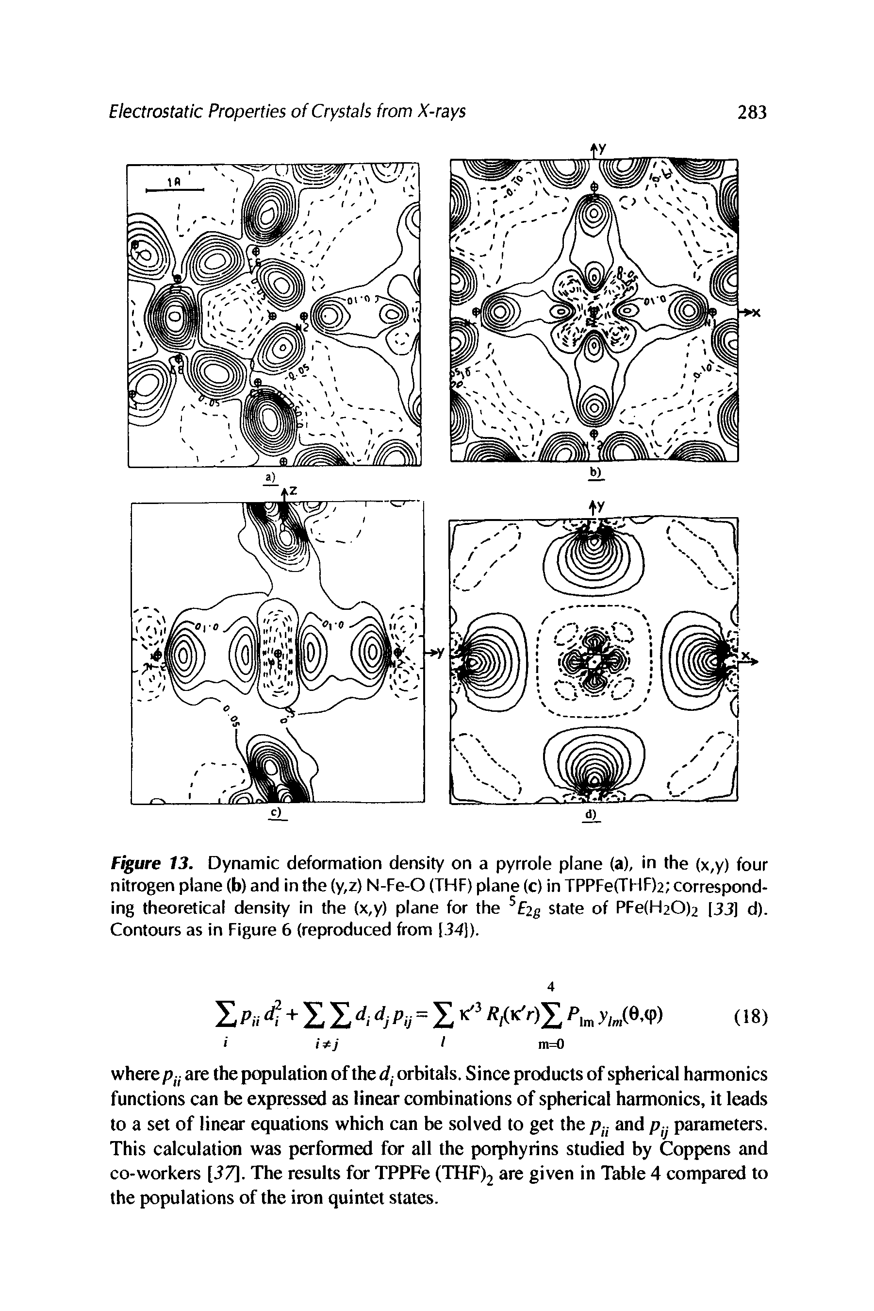 Figure 13. Dynamic deformation density on a pyrrole plane (a), in the (x,y) four nitrogen plane (b) and in the (y,z) N-Fe-O (THF) plane (c) in TPPFedHFte corresponding theoretical density in the (x,y) plane for the 5E2g state of PFe(H20)2 [33] d). Contours as in Figure 6 (reproduced from [34]).