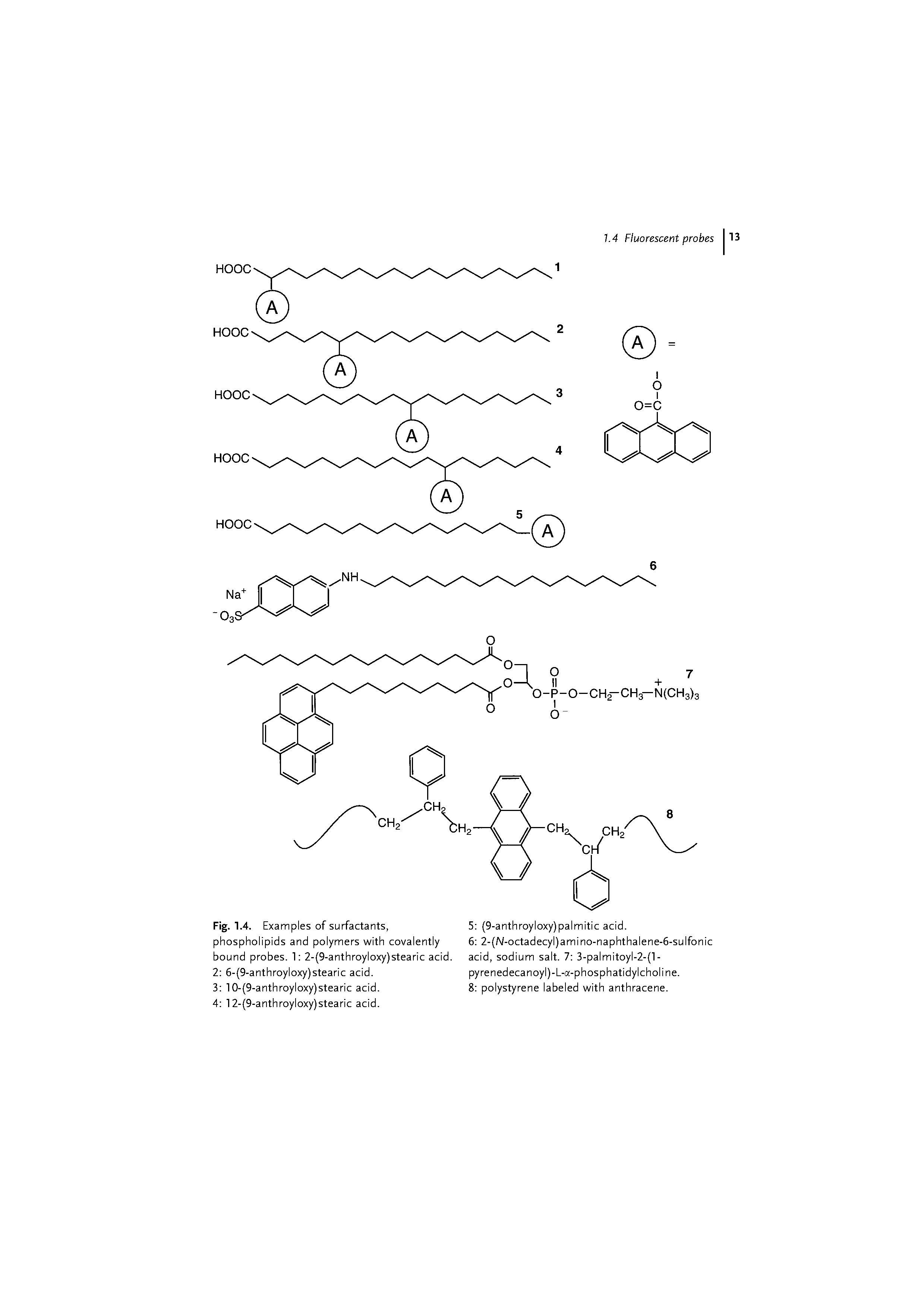 Fig. 1.4. Examples of surfactants, phospholipids and polymers with covalently bound probes. 1 2-(9-anthroyloxy)stearic acid. 2 6-(9-anthroyloxy)stearic acid.