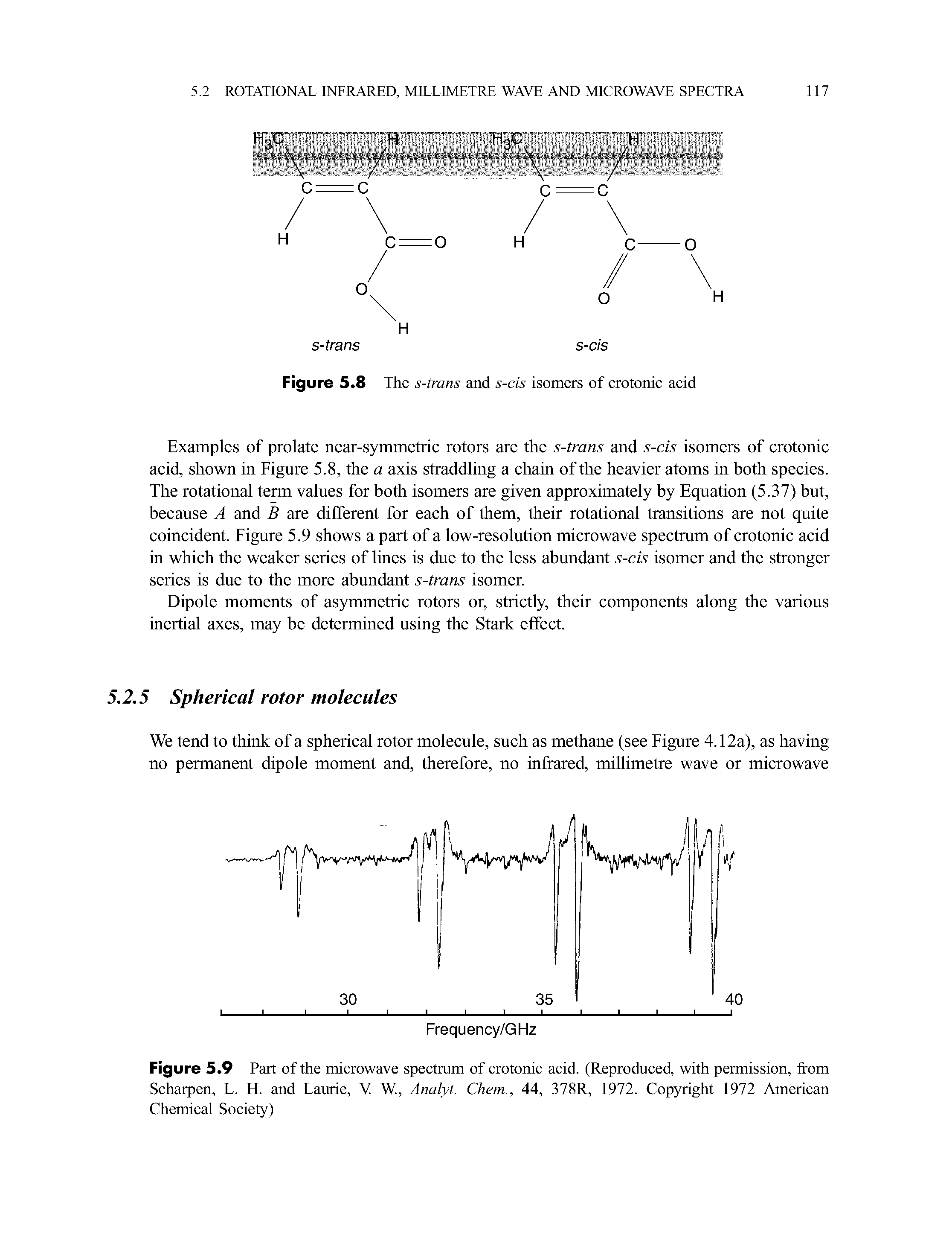 Figure 5.9 Part of the microwave spectmm of crotonic acid. (Reproduced, with permission, from Scharpen, L. H. and Laurie, V W., Analyt. Chem., 44, 378R, 1972. Copyright 1972 American Chemical Society)...