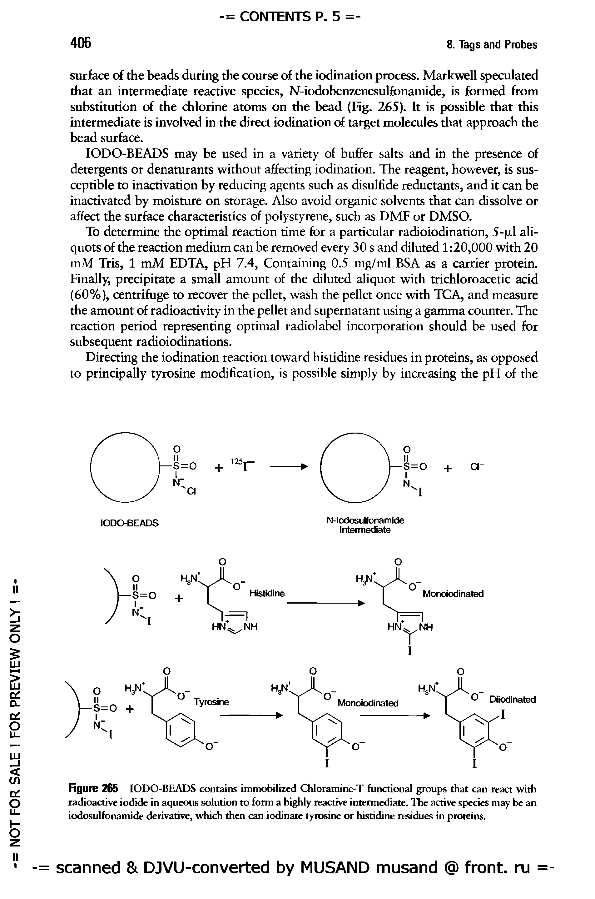 Figure 265 IODO-BEADS contains immobilized Chloramine-T functional groups that can react with radioactive iodide in aqueous solution to form a highly reactive intermediate. The active species may be an iodosulfonamide derivative, which then can iodinate tyrosine or histidine residues in proteins.