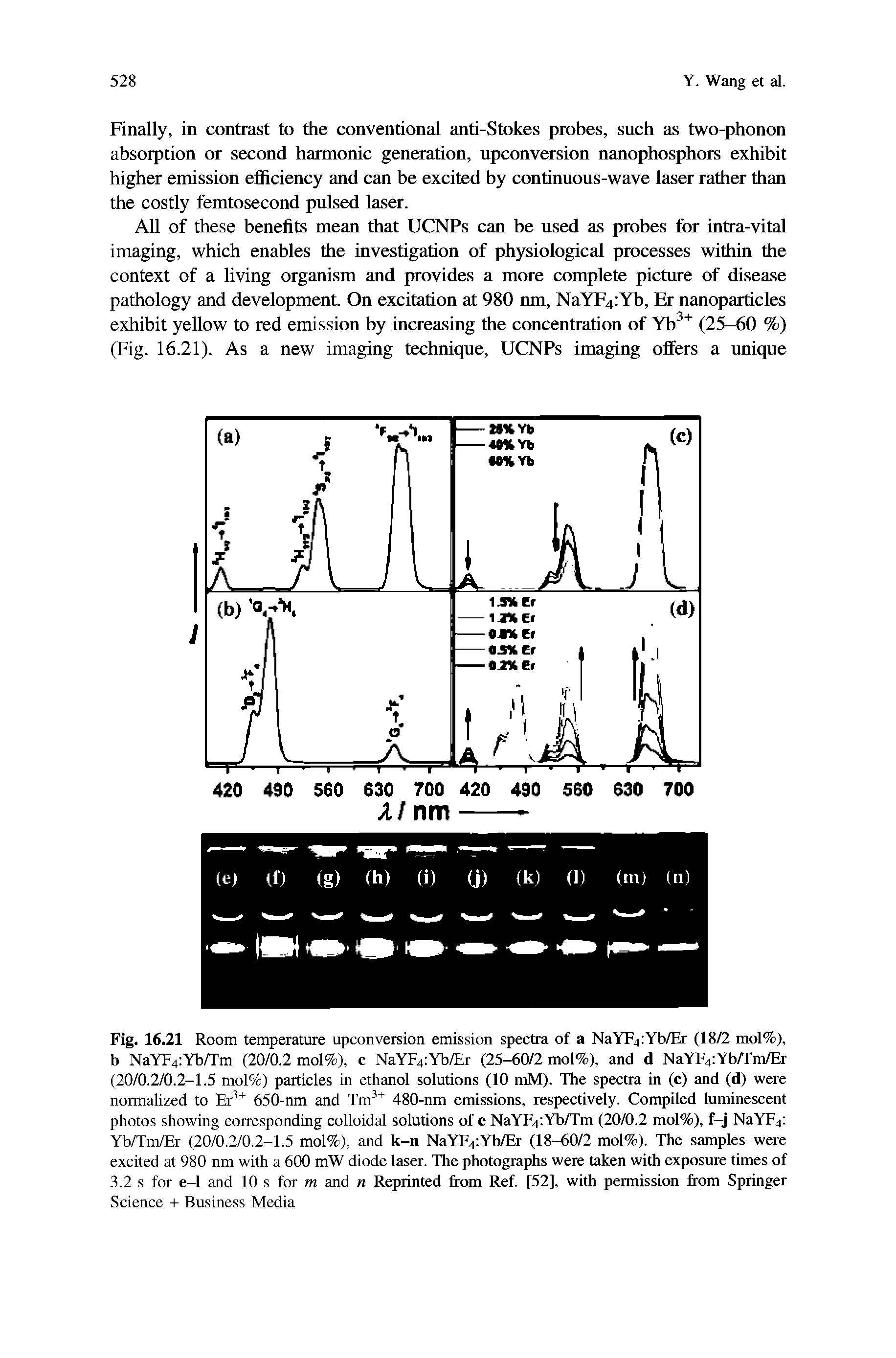 Fig. 16.21 Room temperature upconversion emission spectra of a NaYF4 Yb/Er (18/2 mol%), b NaYF4 Yb/Tm (20/0.2 mol%), c NaYF4 Yb/Er (25-60/2 mol%), and d NaYF4 Yb/Tm/Er (20/0.2/0.2-1.5 mol%) particles in ethanol solutions (10 mM). The spectra in (c) and (d) were normalized to Er 650-nm and Tm 480-nm emissions, respectively. Compiled luminescent photos showing corresponding colloidal solutions of e NaYF4 Yb/Tm (20/0.2 mol%), f-j NaYF4 Yb/Tm/Er (20/0.2/0.2-1.5 mol%), and k-n NaYF4 Yb/Er (18-60/2 mol%). The samples were excited at 980 nm with a 600 mW diode laser. The photographs were taken with exposure times of 3.2 s for e-l and 10 s for m and n Reprinted from Ref. [52], with permission from Springer Science + Business Media...