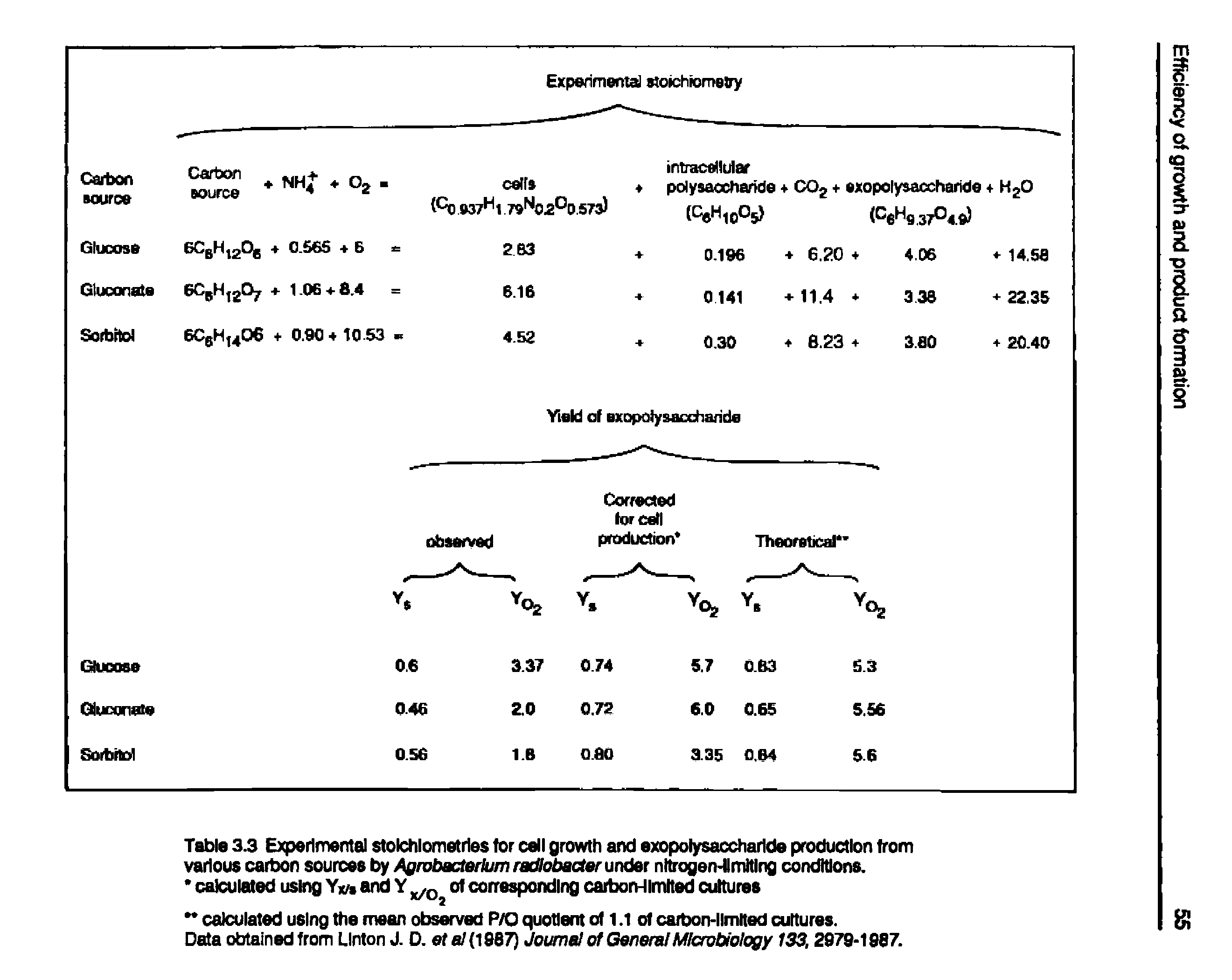 Table 3.3 Experimental stoichiometries for cell growth and exopolysaccharide production from various carbon sources by Agrvbacterhim radlobacter under nitrogen-limiting conditions.