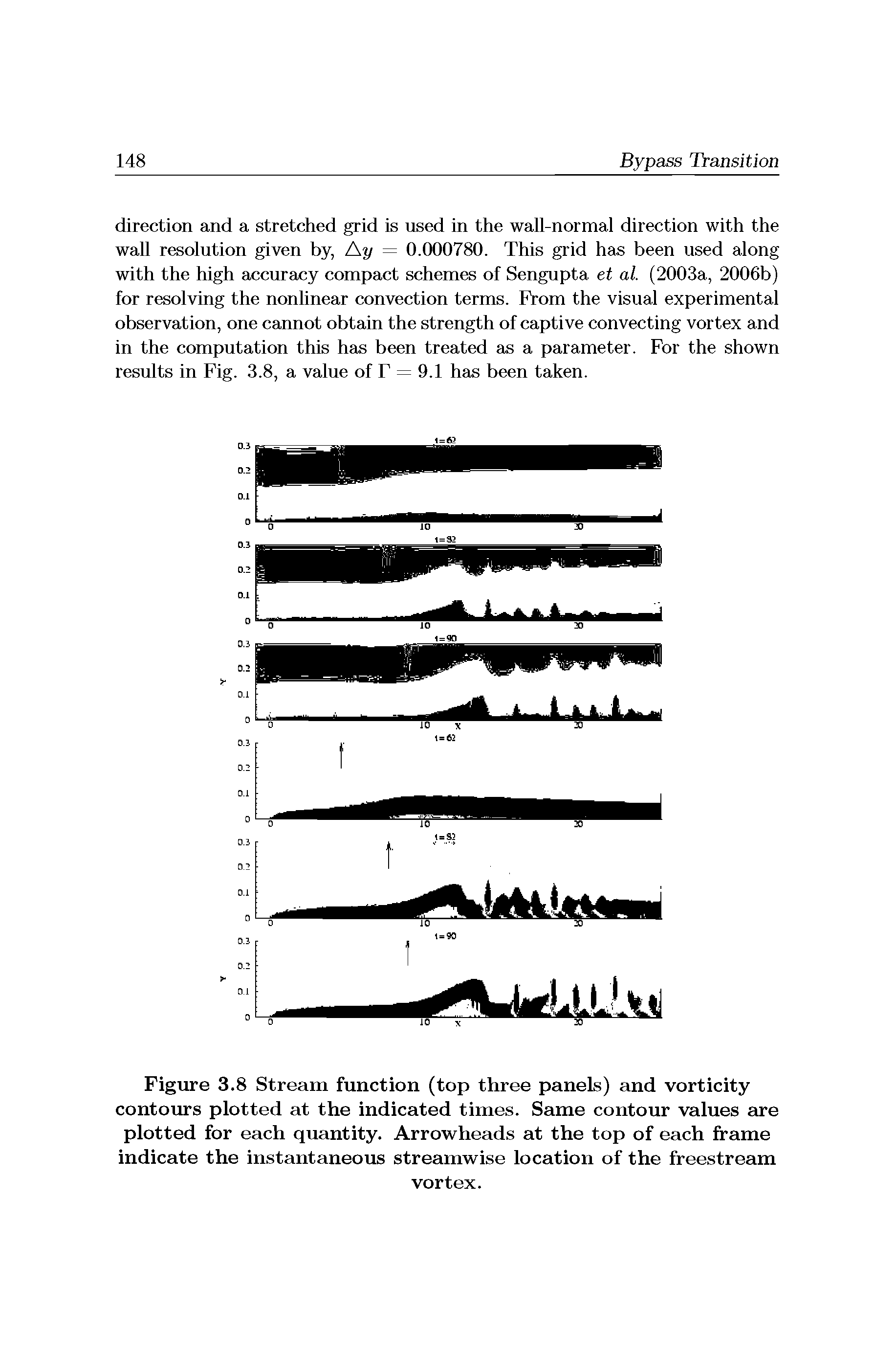 Figure 3.8 Stream function (top three panels) and vorticity contours plotted at the indicated times. Same contour values are plotted for each quantity. Arrowheads at the top of each frame indicate the instantaneous streamwise location of the freestream...