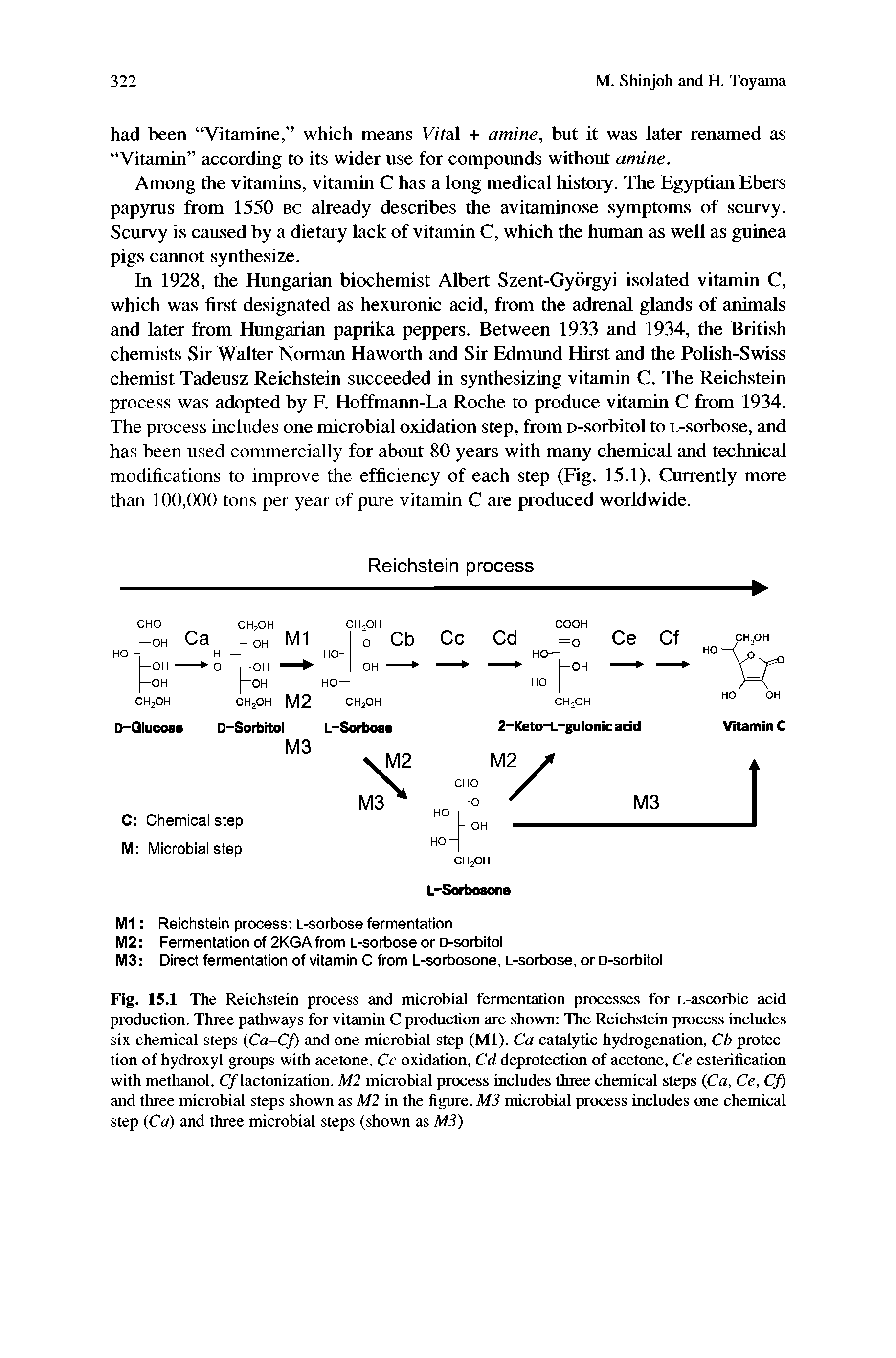 Fig. 15.1 The Reichstein process and microbial fermentation processes for L-ascorbic acid production. Three pathways for vitamin C production are shown The Reichstein process includes six chemical steps (Ca-Cf) and one microbial step (Ml). Ca catalytic hydrogenation, Cb protection of hydroxyl groups with acetone, Cc oxidation, Cd deprotection of acetone, Ce esterification with methanol, Cyiactonization. M2 microbial process includes three chemical steps (Ca, Ce, Cf) and three microbial steps shown as M2 in the figure. M3 microbial process includes one chemical step (Ca) and three microbial steps (shown as M3)...