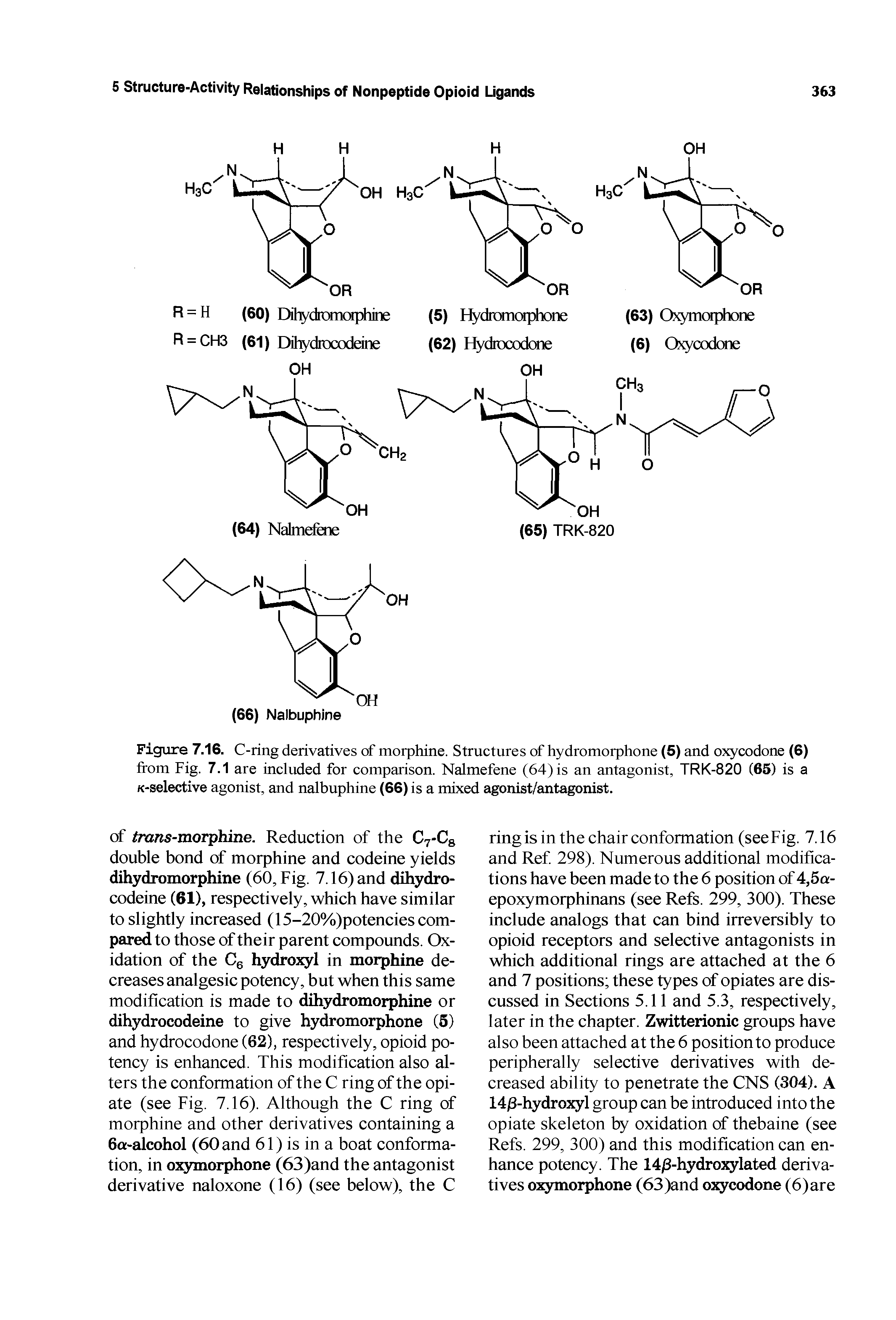 Figure 7.16. C-ring derivatives of morphine. Structures of hydromorphone (5) and oxycodone (6) from Fig. 7.1 are included for comparison. Nalmefene (64) is an antagonist, TRK-820 (65) is a K-selective agonist, and nalbuphine (66) is a mixed agonist/antagonist.