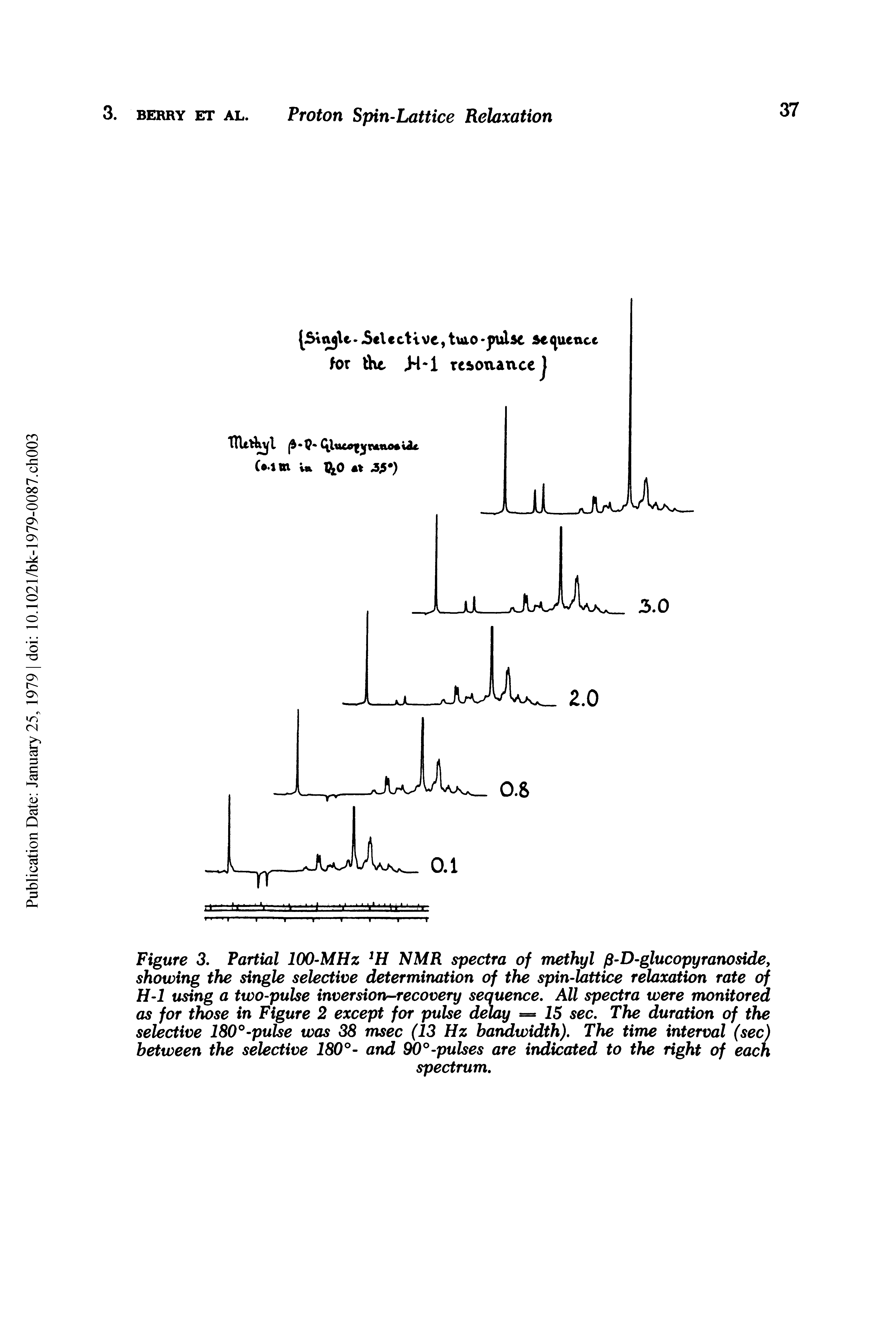 Figure 3. Partial 100-MHz 2H NMR spectra of methyl p-D-glucopyranoside, showing the single selective determination of the spin-lattice relaxation rate of H-l using a two-pulse inversion recovery sequence. All spectra were monitored as for those in Figure 2 except for pulse delay — 25 sec. The duration of the selective 180°-pulse was 38 msec (13 Hz bandwidth). The time interval (sec) between the selective 180°- and 90° -pulses are indicated to the right of each...