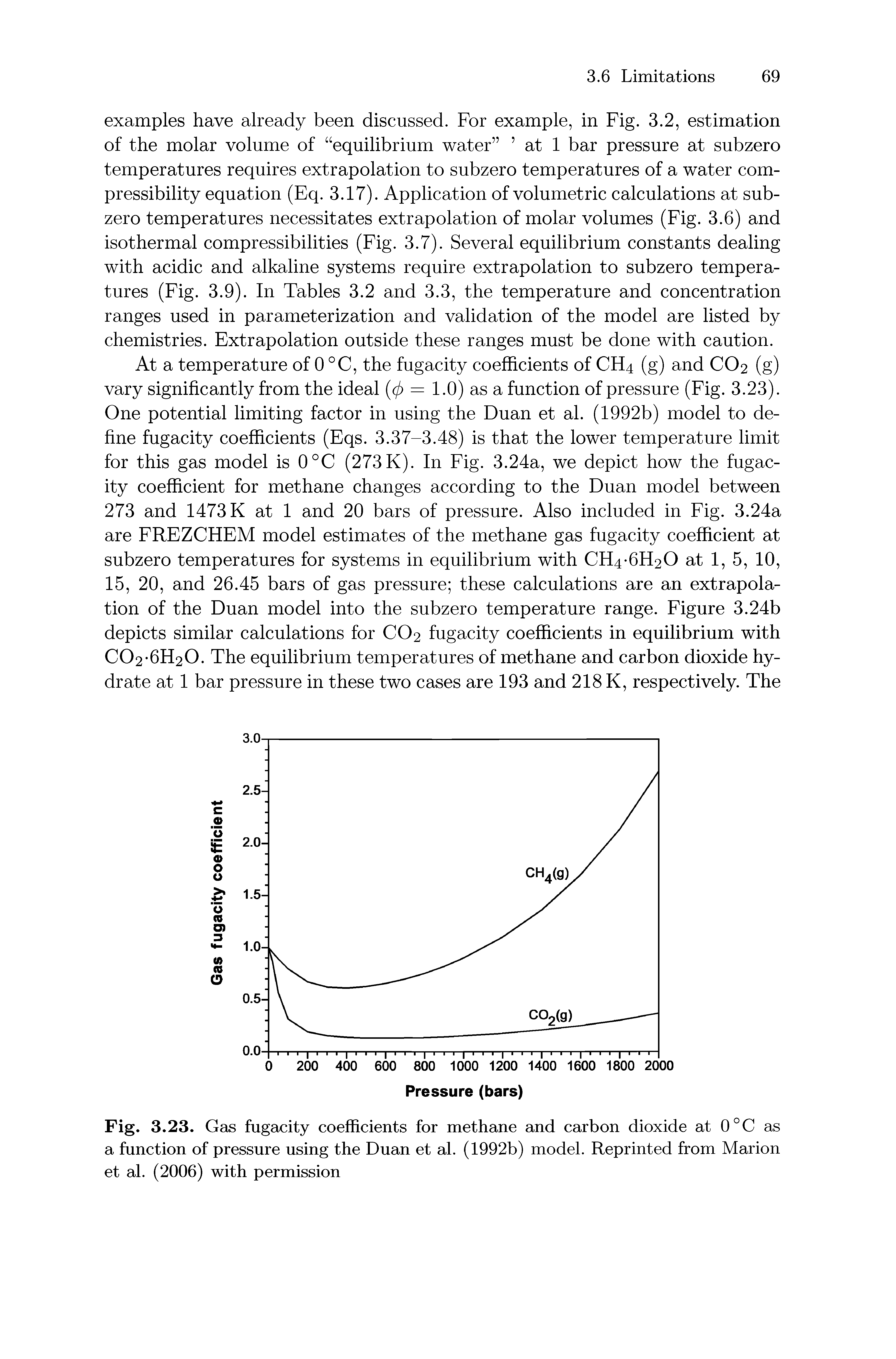 Fig. 3.23. Gas fugacity coefficients for methane and carbon dioxide at 0°C as a function of pressure using the Duan et al. (1992b) model. Reprinted from Marion et al. (2006) with permission...
