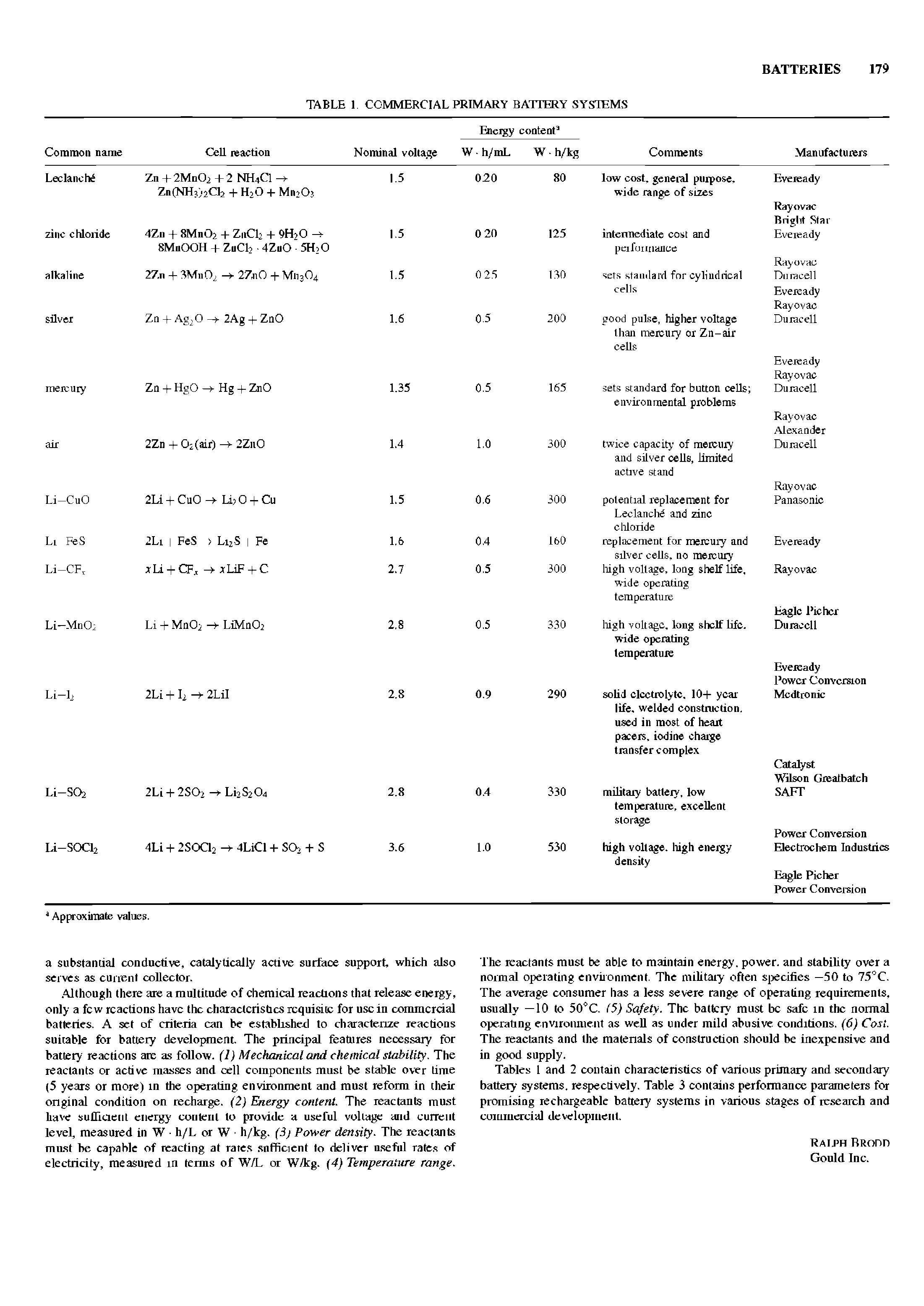 Tables 1 and 2 contain characteristics of various primary and secondary battery systems, respectively. Table 3 contains performance parameters for promising rechargeable battery systems in various stages of research and commercial development.