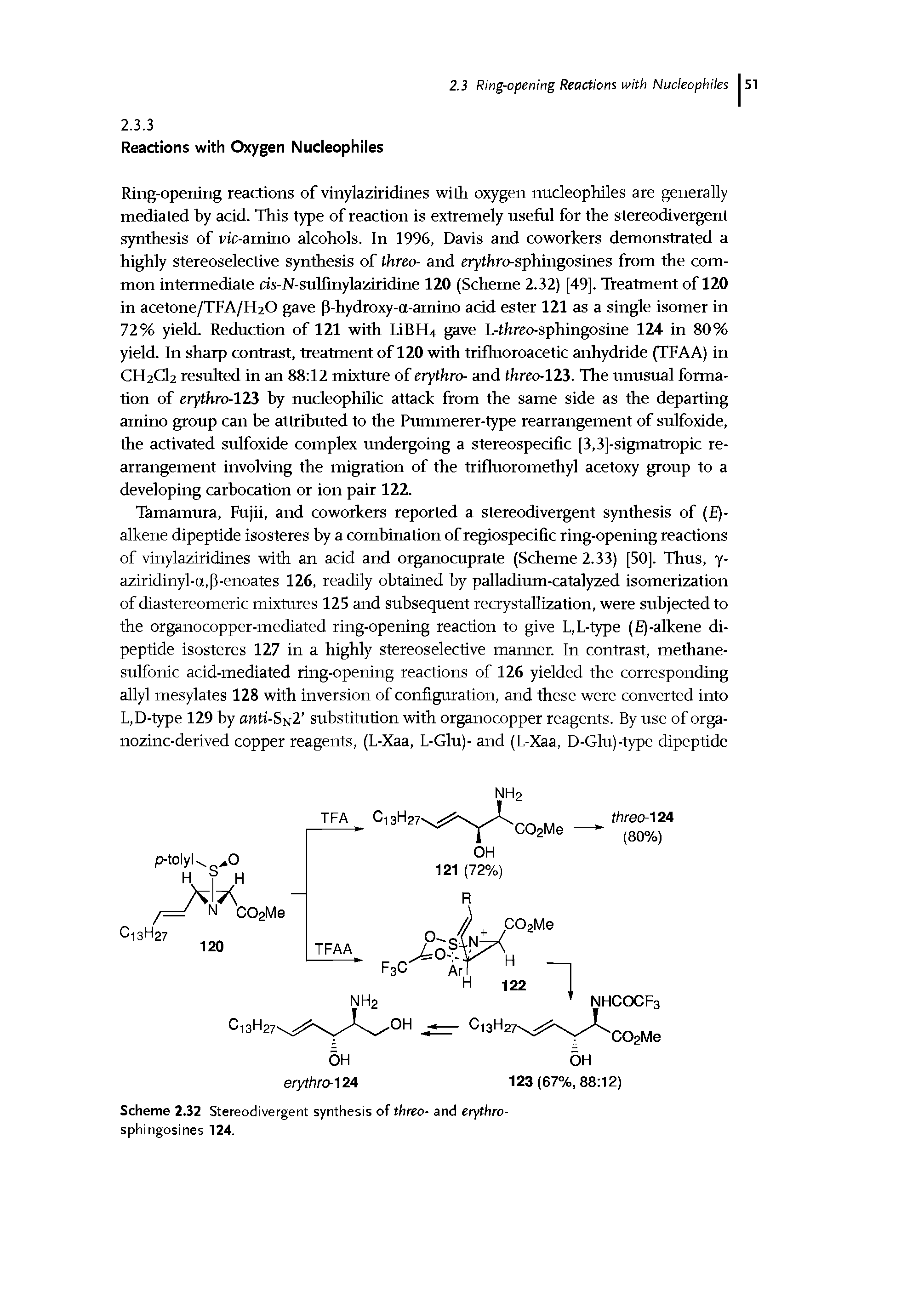 Scheme 2.32 Stereodivergent synthesis of threo- and erythro-sphingosines 124.