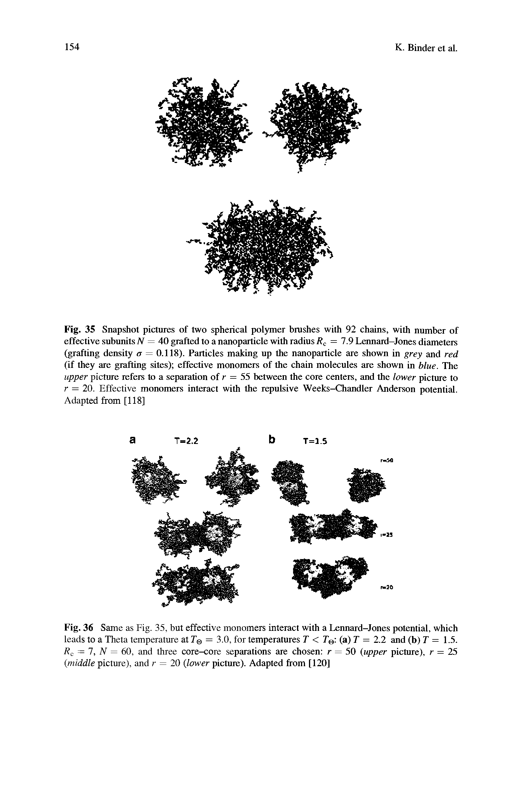 Fig. 35 Snapshot pictures of two spherical polymer brushes with 92 chains, with number of effective subunits N = 40 grafted to a nanoparticle with radius = 1.9 Lennard-Jones diameters...
