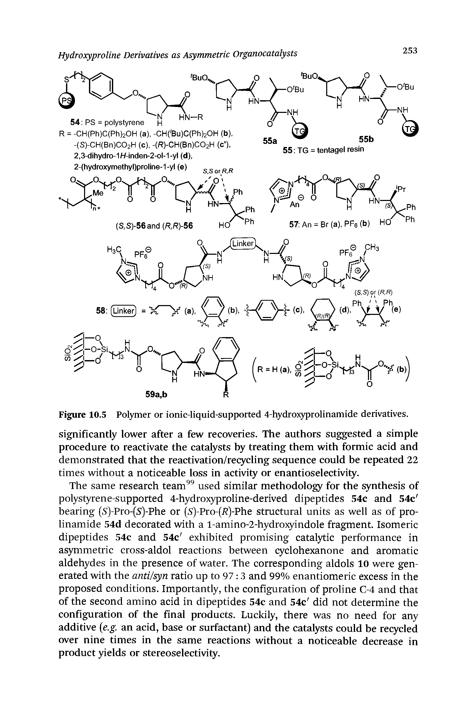 Figure 10.5 Polymer or ionic-liquid-supported 4-hydroxyprolinamide derivatives.