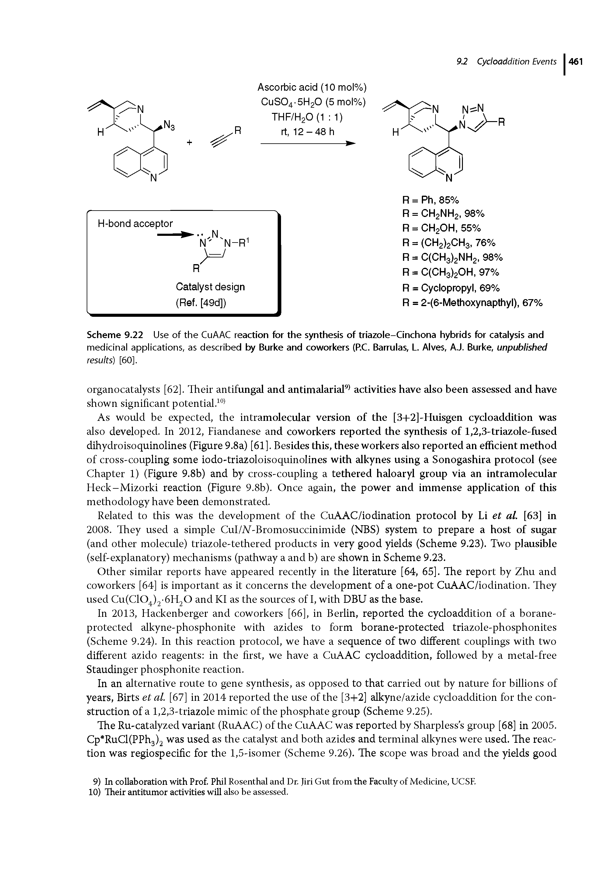 Scheme 9.22 Use of the CuAAC reaction for the synthesis of triazole-Cinchona hybrids for catalysis and medicinal applications, as described by Burke and coworkers (P.C. Barrulas, L. Alves, AJ. Burke, unpMished results) [60],...