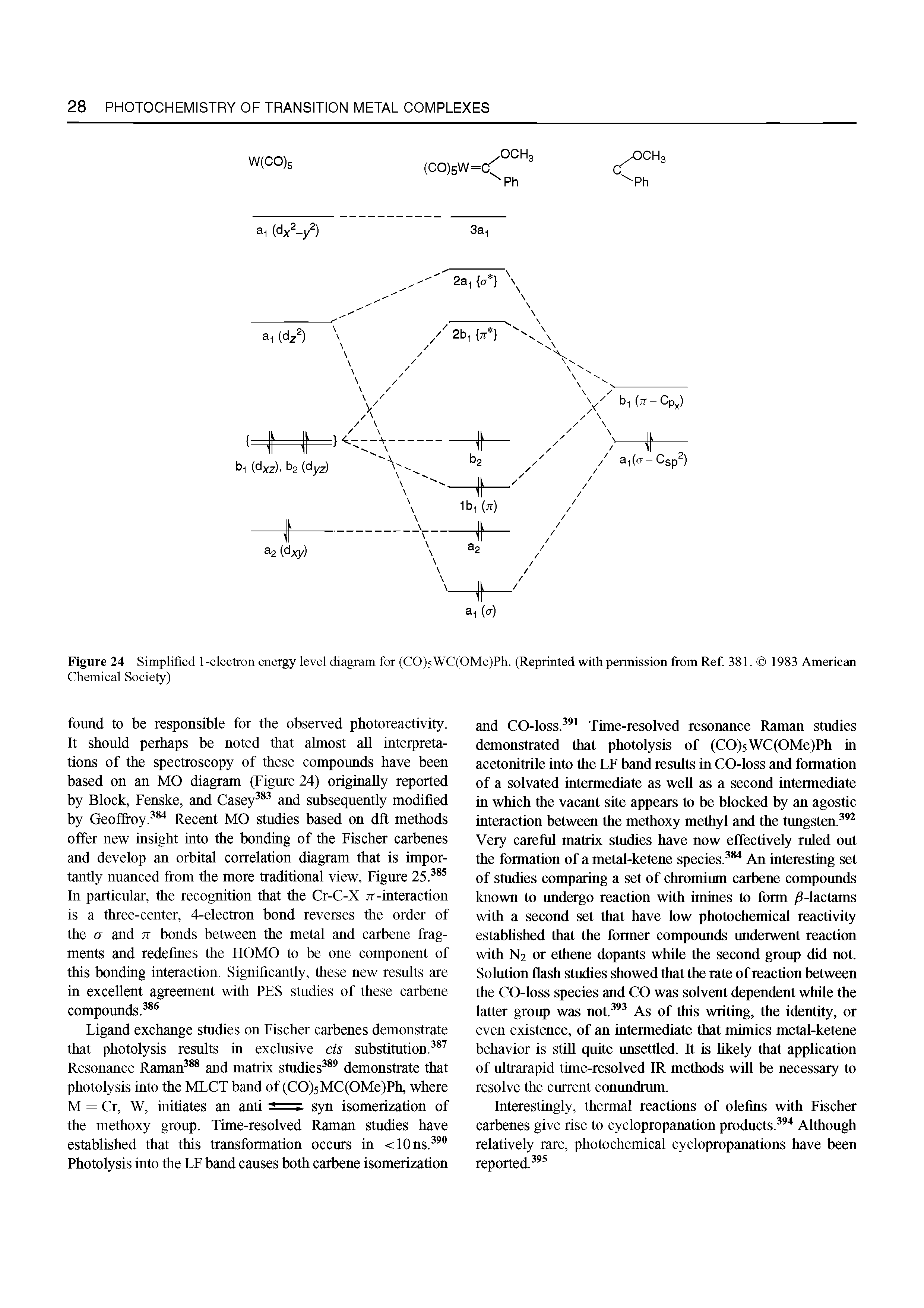 Figure 24 Simplified 1-electron energy level diagram for (CO)5WC(OMe)Ph. (Reprinted with permission from Ref. 381. 1983 American Chemical Society)...