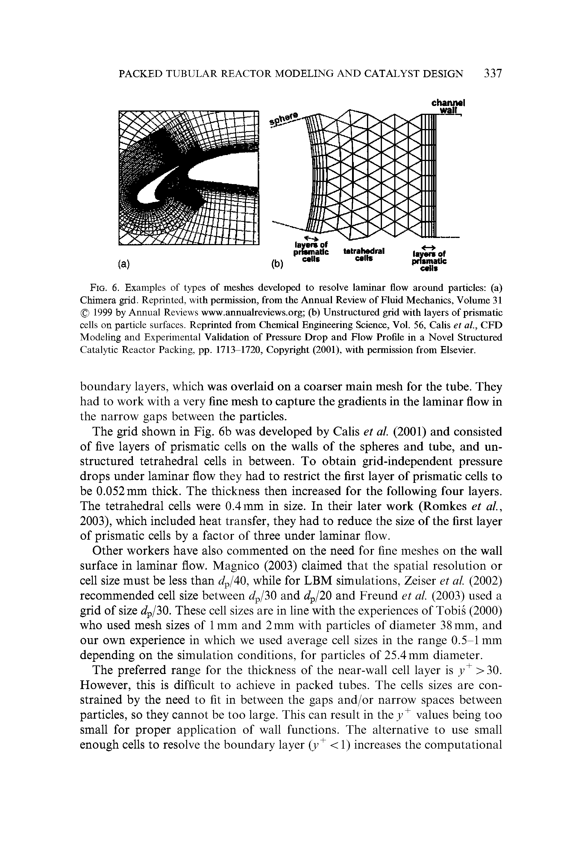 Fig. 6. Examples of types of meshes developed to resolve laminar flow around particles (a) Chimera grid. Reprinted, with permission, from the Annual Review of Fluid Mechanics, Volume 31 1999 by Annual Reviews www.annualreviews.org (b) Unstructured grid with layers of prismatic cells on particle surfaces. Reprinted from Chemical Engineering Science, Vol. 56, Calis et al., CFD Modeling and Experimental Validation of Pressure Drop and Flow Profile in a Novel Structured Catalytic Reactor Packing, pp. 1713-1720, Copyright (2001), with permission from Elsevier.