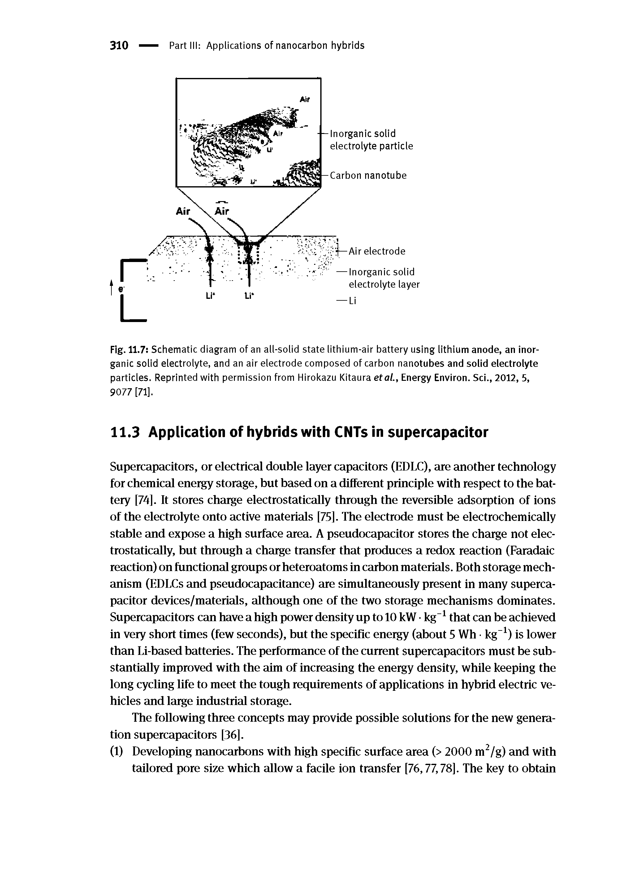 Fig. 11.7 Schematic diagram of an all-solid state lithium-air battery using lithium anode, an inorganic solid electrolyte, and an air electrode composed of carbon nanotubes and solid electrolyte particles. Reprinted with permission from Hirokazu Kitaura etai, Energy Environ. Sci., 2012, 5,...