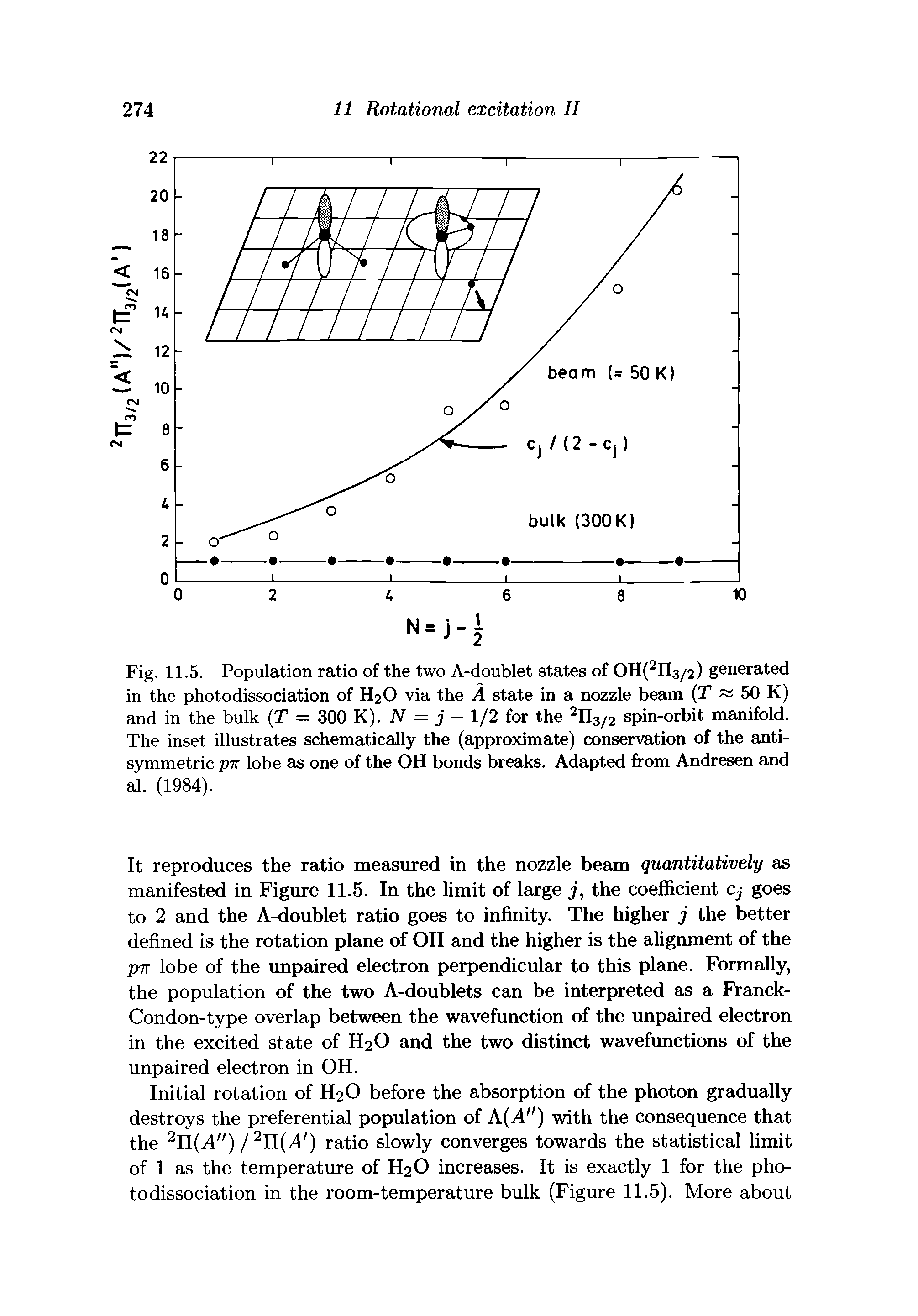 Fig. 11.5. Population ratio of the two A-doublet states of OH(2Il3/2) generated in the photodissociation of H2O via the A state in a nozzle beam (T 50 K) and in the bulk (T = 300 K). N = j — 1/2 for the 2n3/2 spin-orbit manifold. The inset illustrates schematically the (approximate) conservation of the antisymmetric pn lobe as one of the OH bonds breaks. Adapted from Andresen and al. (1984).