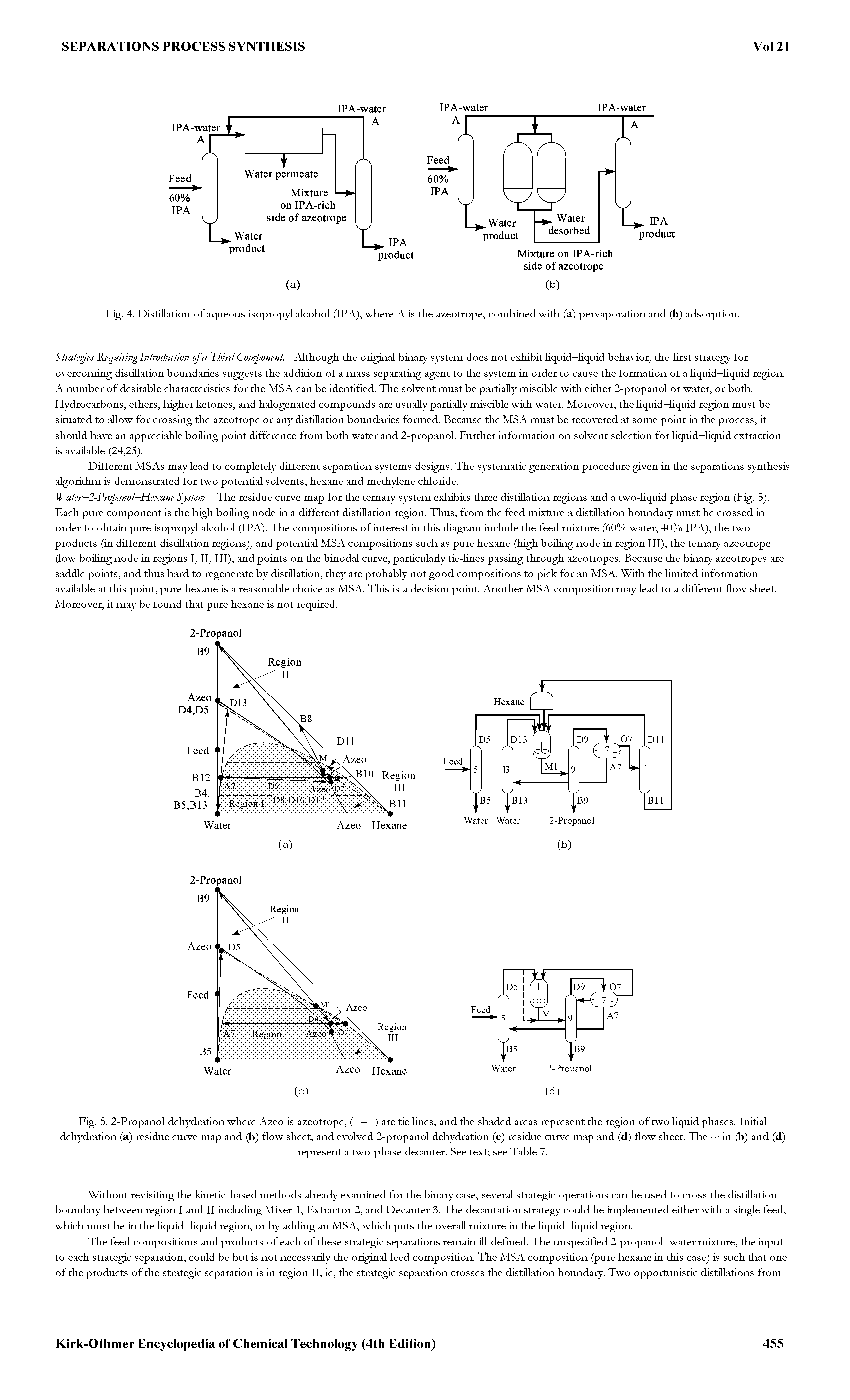 Fig. 5. 2-Propanol dehydration where A2eo is a2eotrope, (-) are tie lines, and the shaded areas represent the region of two Hquid phases. Initial...