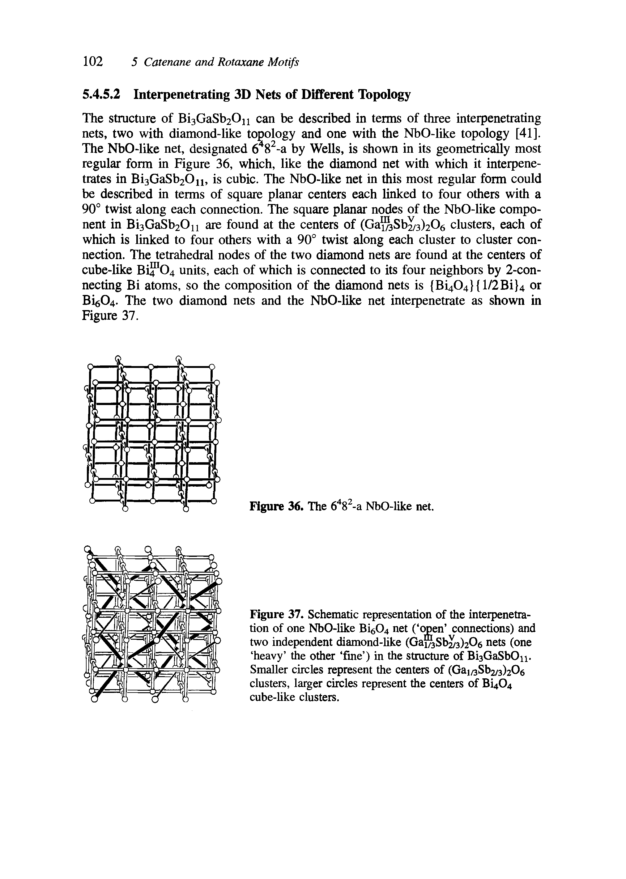 Figure 37. Schematic representation of the interpenetration of one NbO-like Bi604 net ( open connections) and two independent diamond-like (Ga Sh /s Og nets (one heavy die other fine ) in the structure of BisGaSbOn. Smaller circles represent the centers of (Ga b Oe clusters, larger circles represent the centers of Bi404 cube-like clusters.