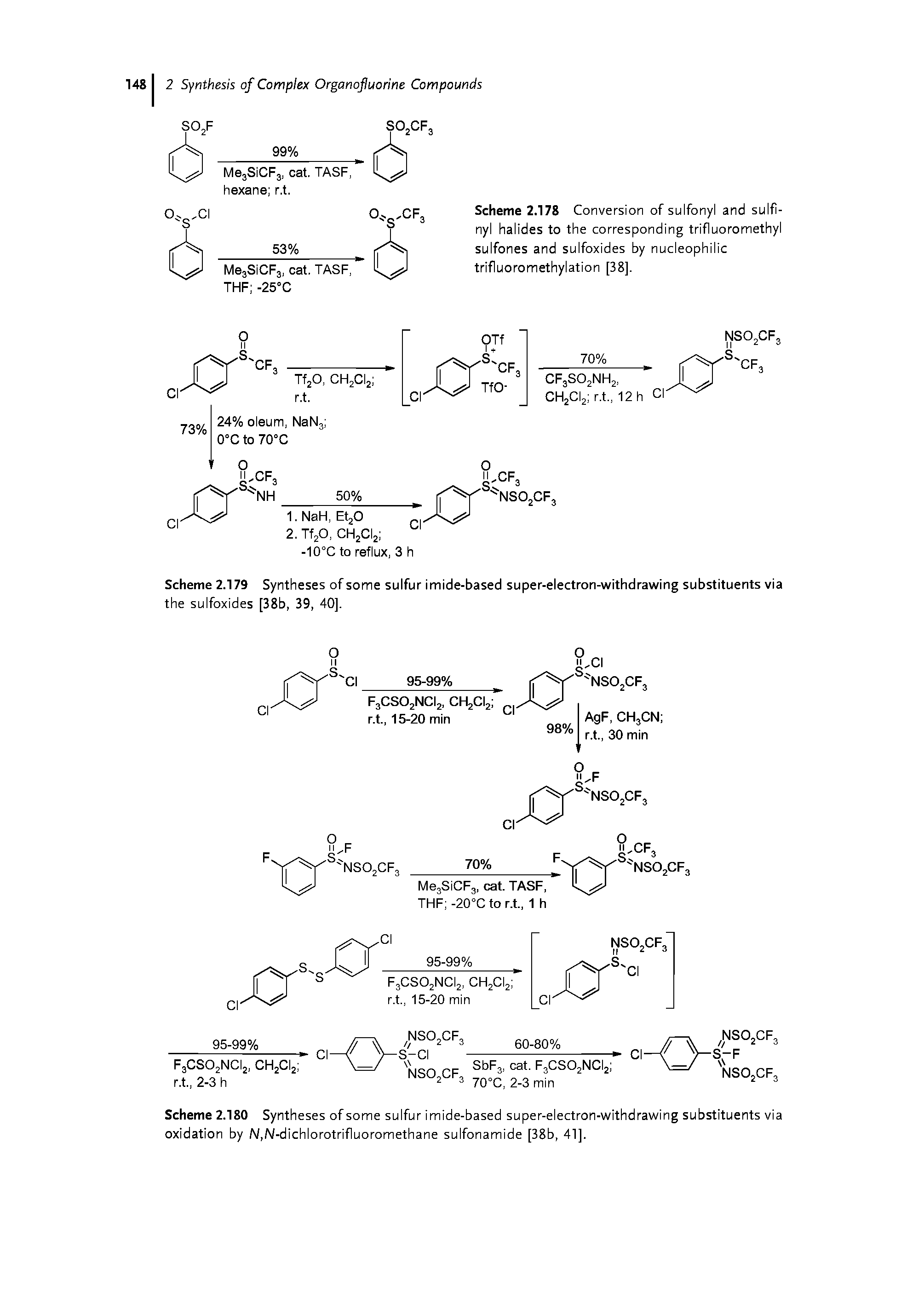 Scheme 2.178 Conversion of sulfonyl and sulfinyl halides to the corresponding trifluoromethyl sulfones and sulfoxides by nucleophilic trifluoromethylation [38].