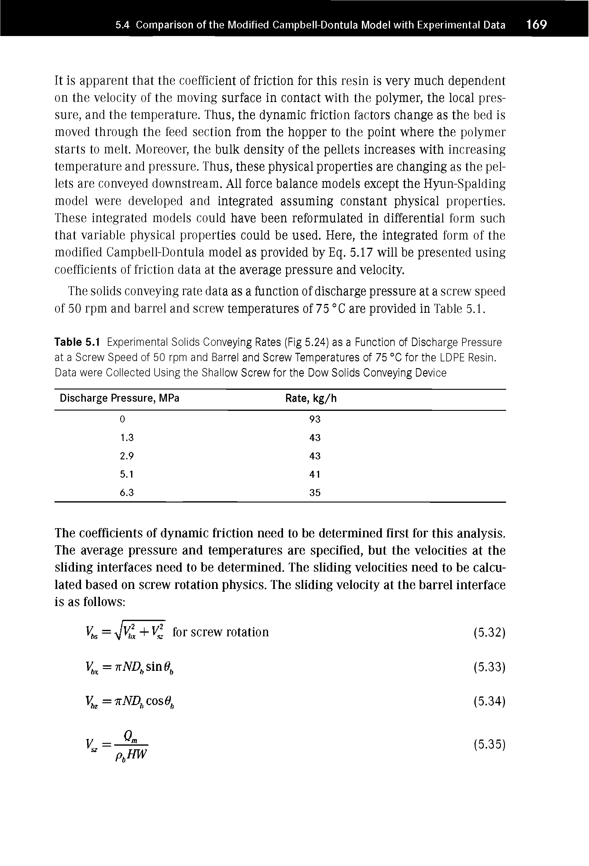 Table 5.1 Experimental Solids Conveying Rates (Fig 5.24) as a Function of Discharge Pressure at a Screw Speed of 50 rpm and Barrel and Screw Temperatures of 75 °C for the LDPE Resin. Data were Collected Using the Shallow Screw for the Dow Solids Conveying Device...