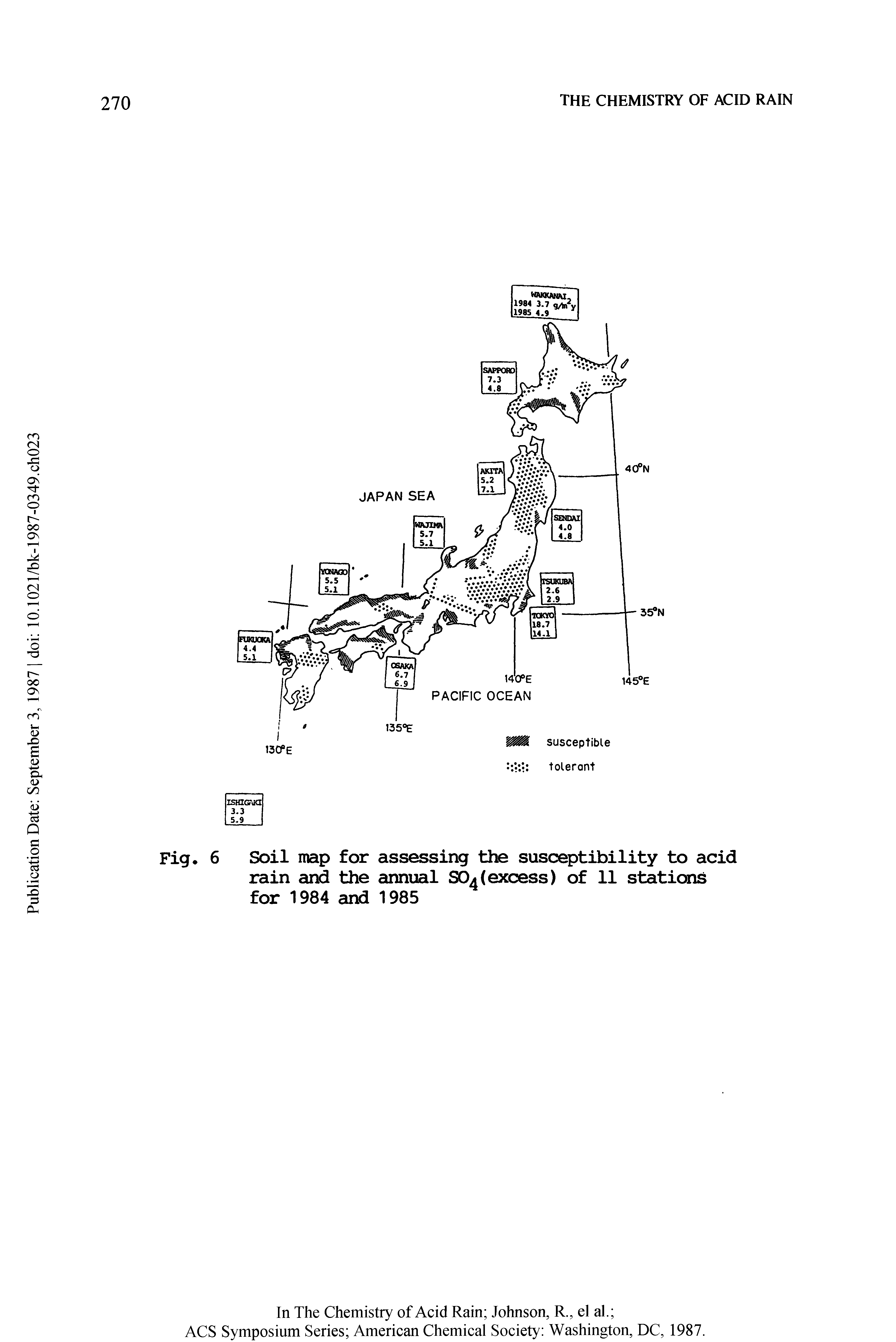 Fig. 6 Soil map for assessing the susceptibility to acid rain and the annual S04(excess) of 11 stations for 1984 and 1985...