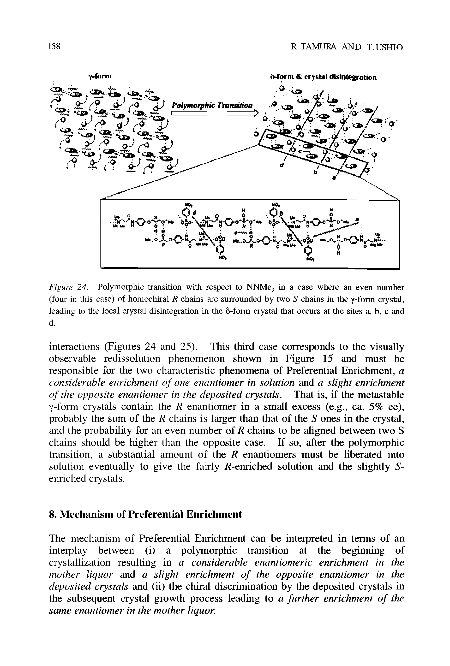 Figure 24. Polymorphic transition with respect to NNMe, in a case where an even number (four in this case) of homochiral R chains are surrounded by two S chains in the y-form crystal, leading to the local crystal disintegration in the 6-form crystal that occurs at the sites a, b, c and d.