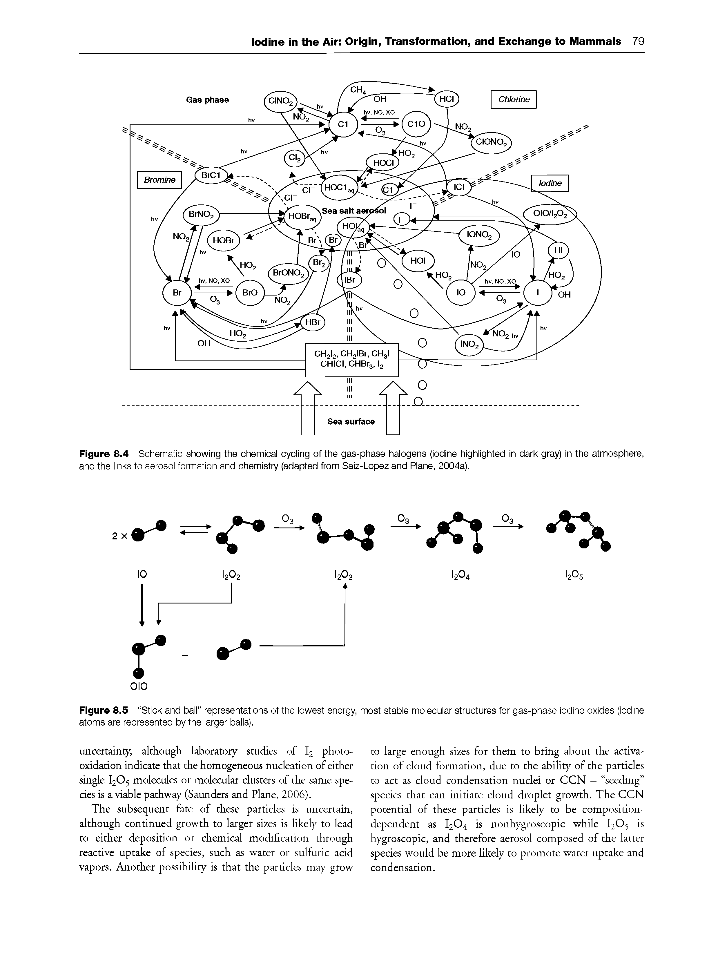 Figure 8.4 Schematic showing the chemical cycling of the gas-phase halogens (iodine highlighted in dark gray) in the atmosphere, and the links to aerosol formation and chemistry (adapted from Saiz-Lopez and Plane, 2004a).