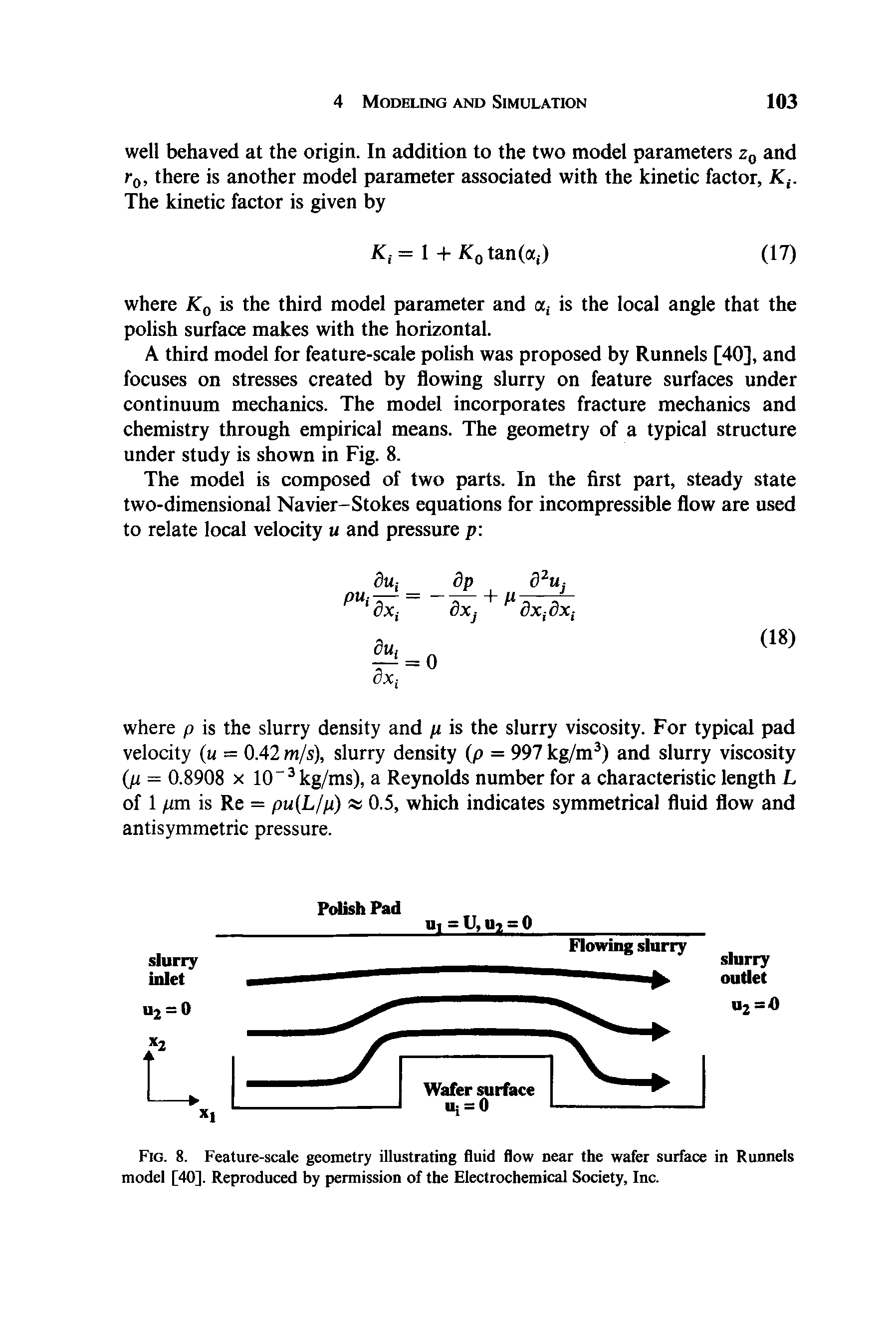 Fig. 8. Feature-scale geometry illustrating fluid flow near the wafer surface in Runnels model [40]. Reproduced by permission of the Electrochemical Society, Inc.