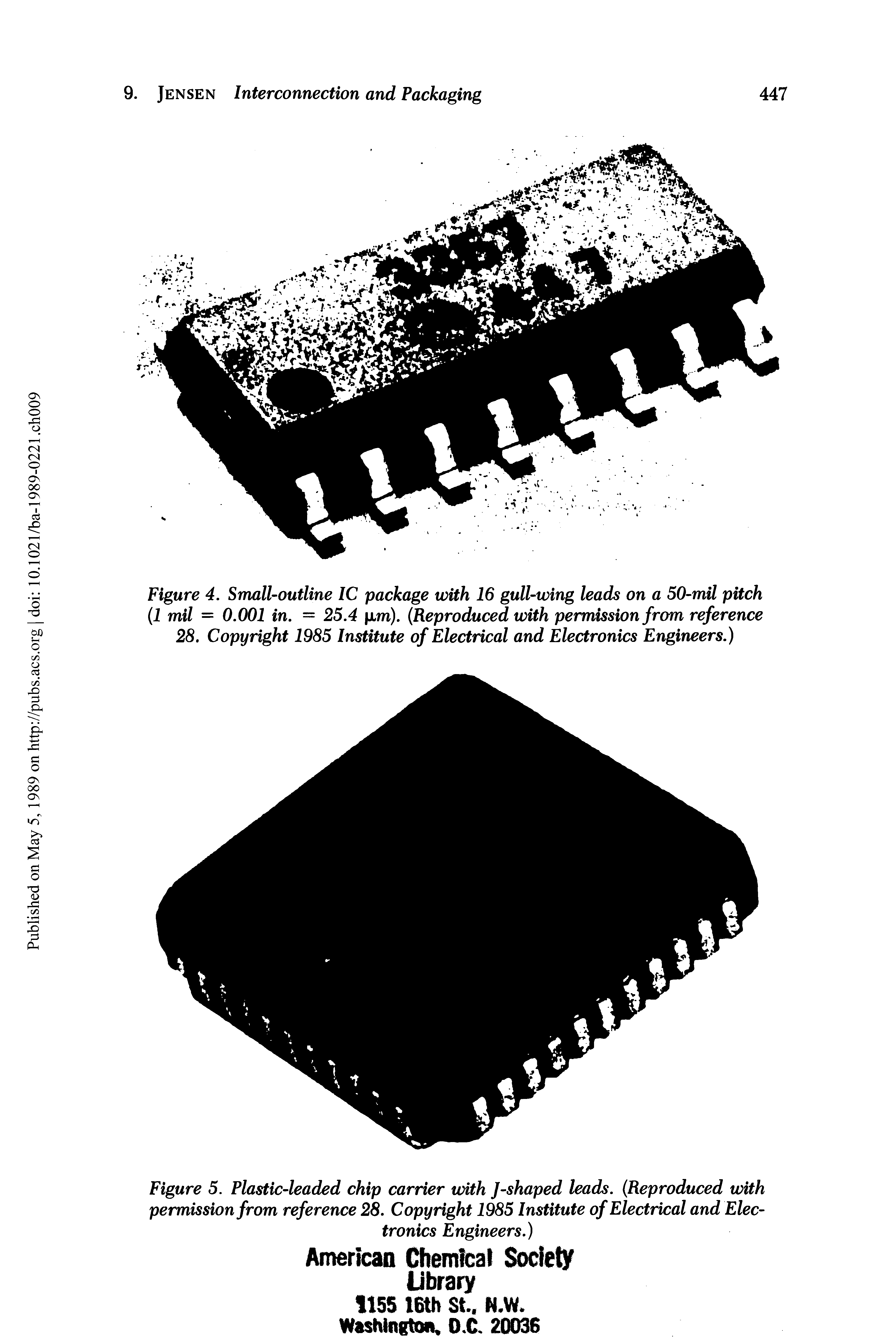 Figure 5. Plastic-leaded chip carrier with J-shaped leads. (Reproduced with permission from reference 28. Copyright 1985 Institute of Electrical and Electronics Engineers.)...