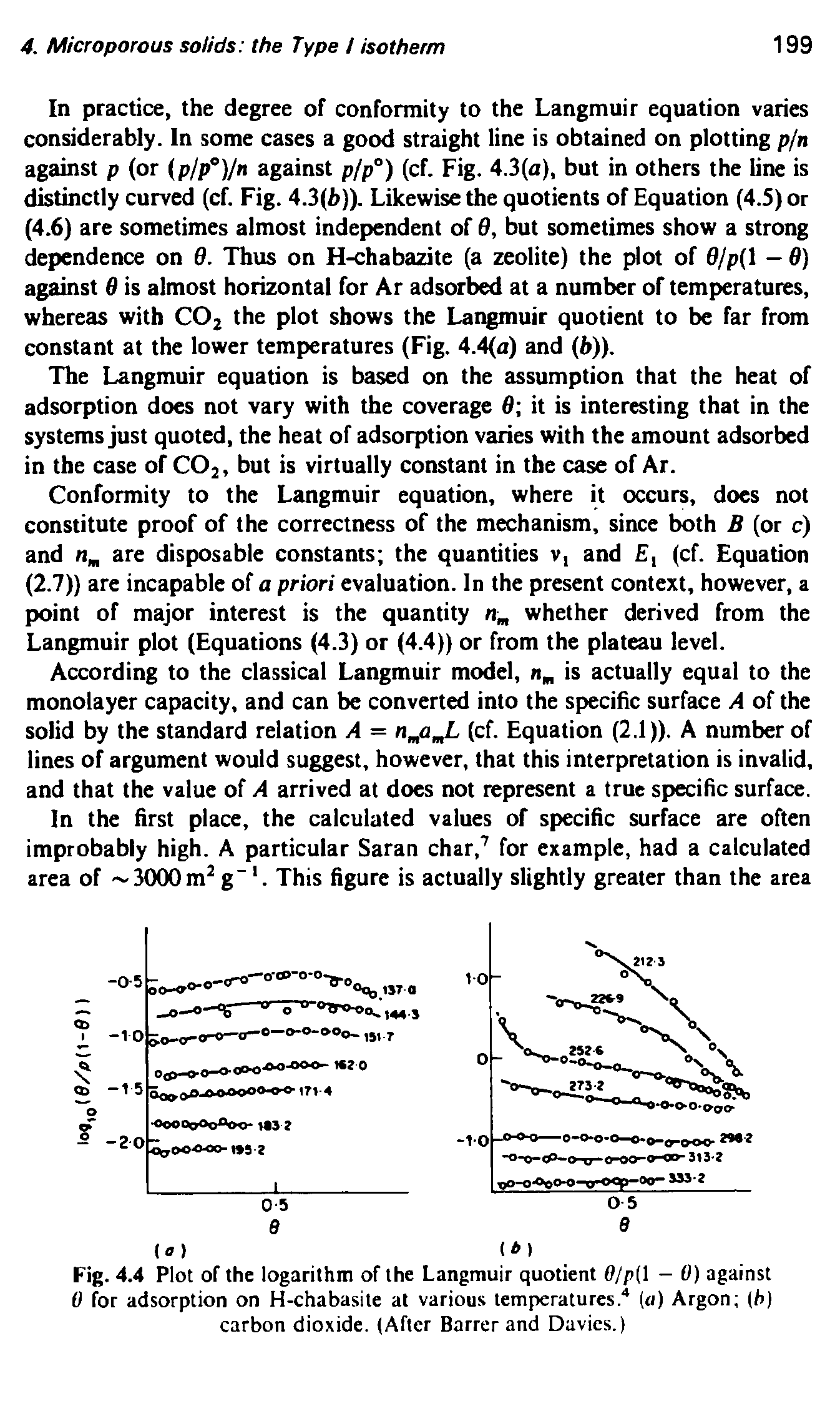 Fig. 4.4 Plot of the logarithm of the Langmuir quotient 0/p( - 0) against 0 for adsorption on H-chabasite at various temperatures." (a) Argon (h) carbon dioxide. (After Barrer and Davies.)...