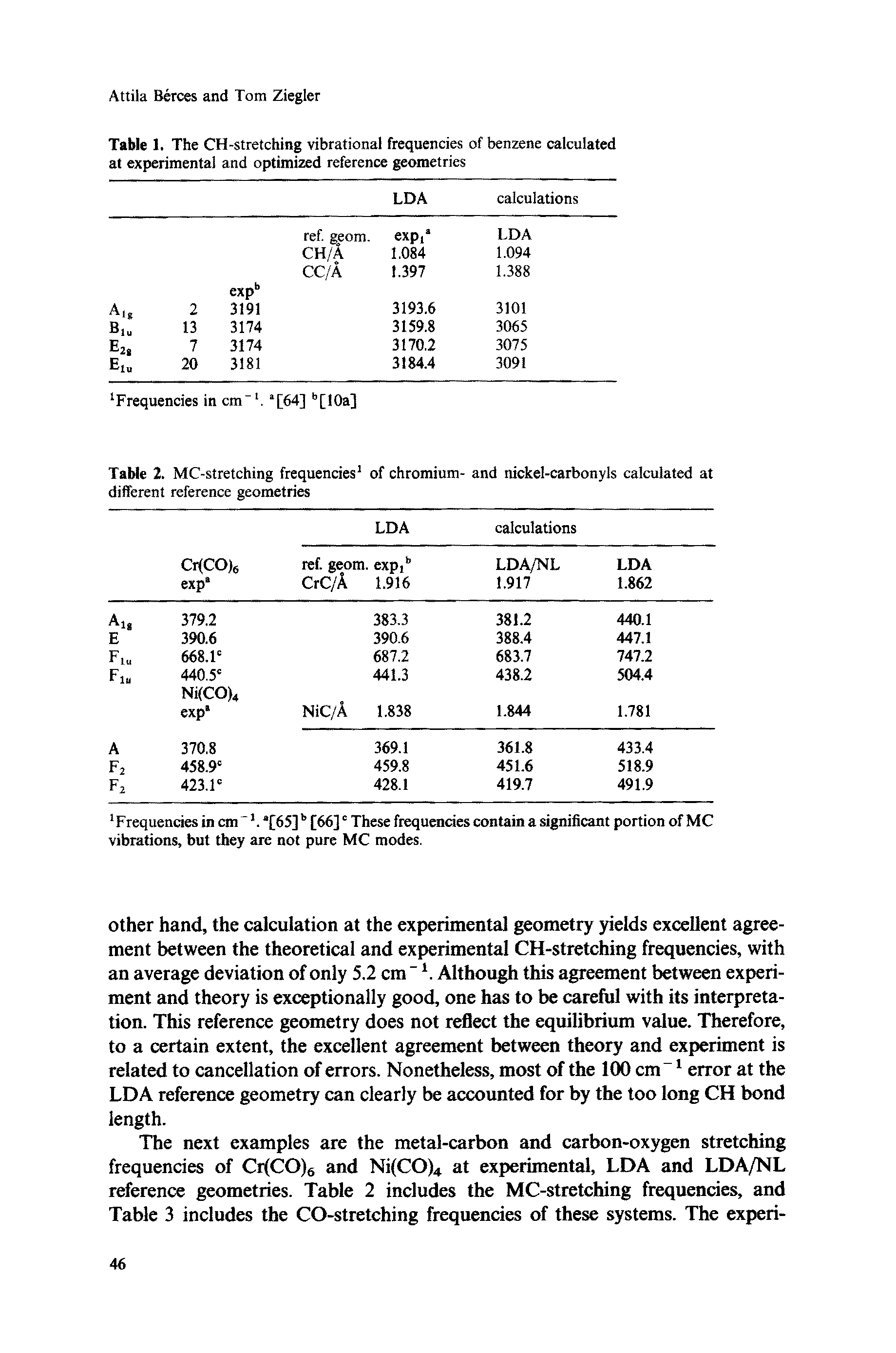 Table 1. The CH-stretching vibrational frequencies of benzene calculated at experimental and optimized reference geometries...