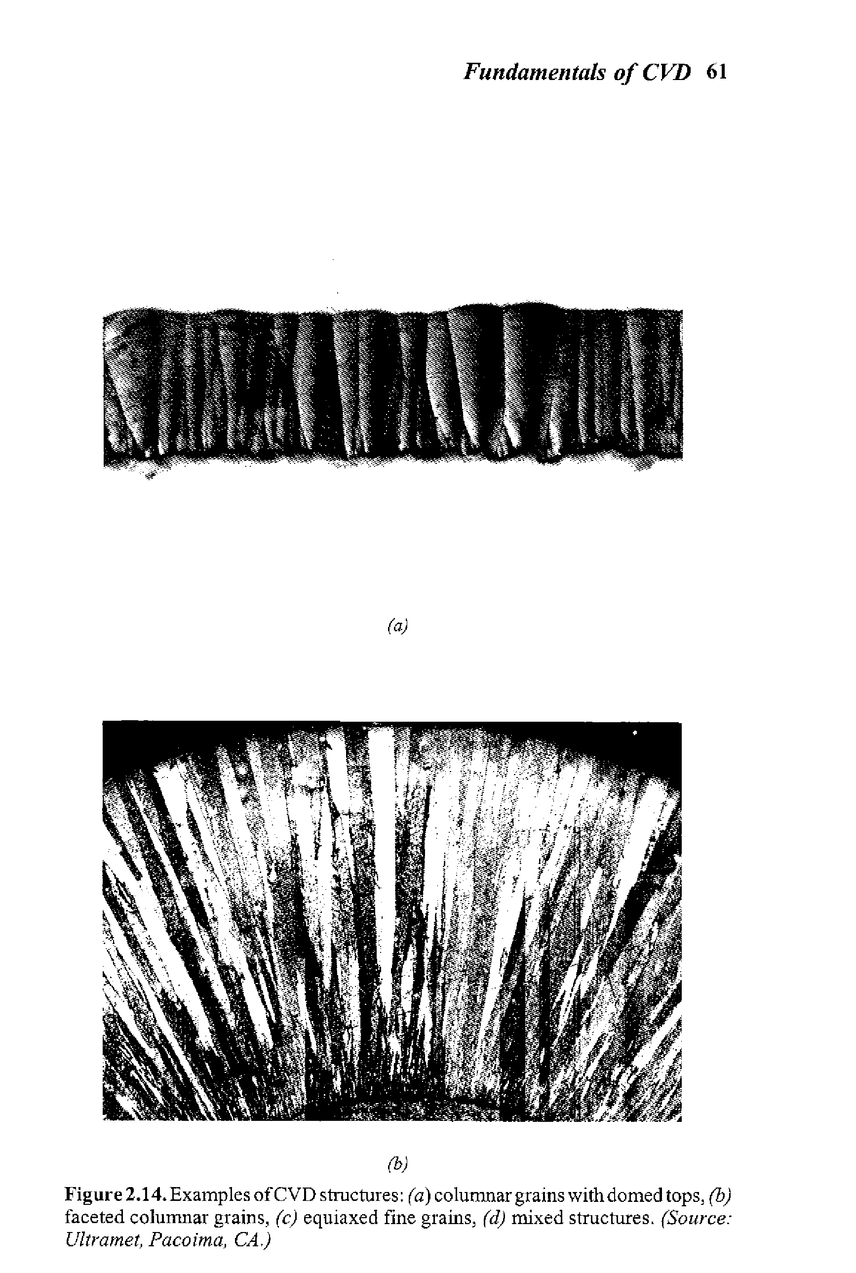 Figure 2.14. Examples of CVD structures (a) columnar grains with domed tops, (b) faceted columnar grains, (c) equiaxed fine grains, (d) mixed structures. (Source Ultramet, Pacoima, CA.)...