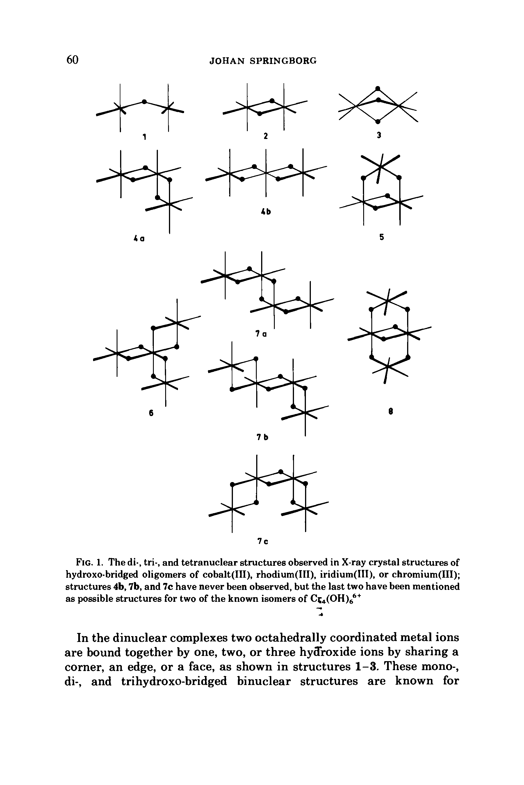 Fig. 1. The di-, tri-, and tetranuclear structures observed in X-ray crystal structures of hydroxo-bridged oligomers of cobalt(III), rhodium(III), iridium(III), or chromium(III) structures 4b, 7b, and 7c have never been observed, but the last two have been mentioned as possible structures for two of the known isomers of Cj4(OH)66+...