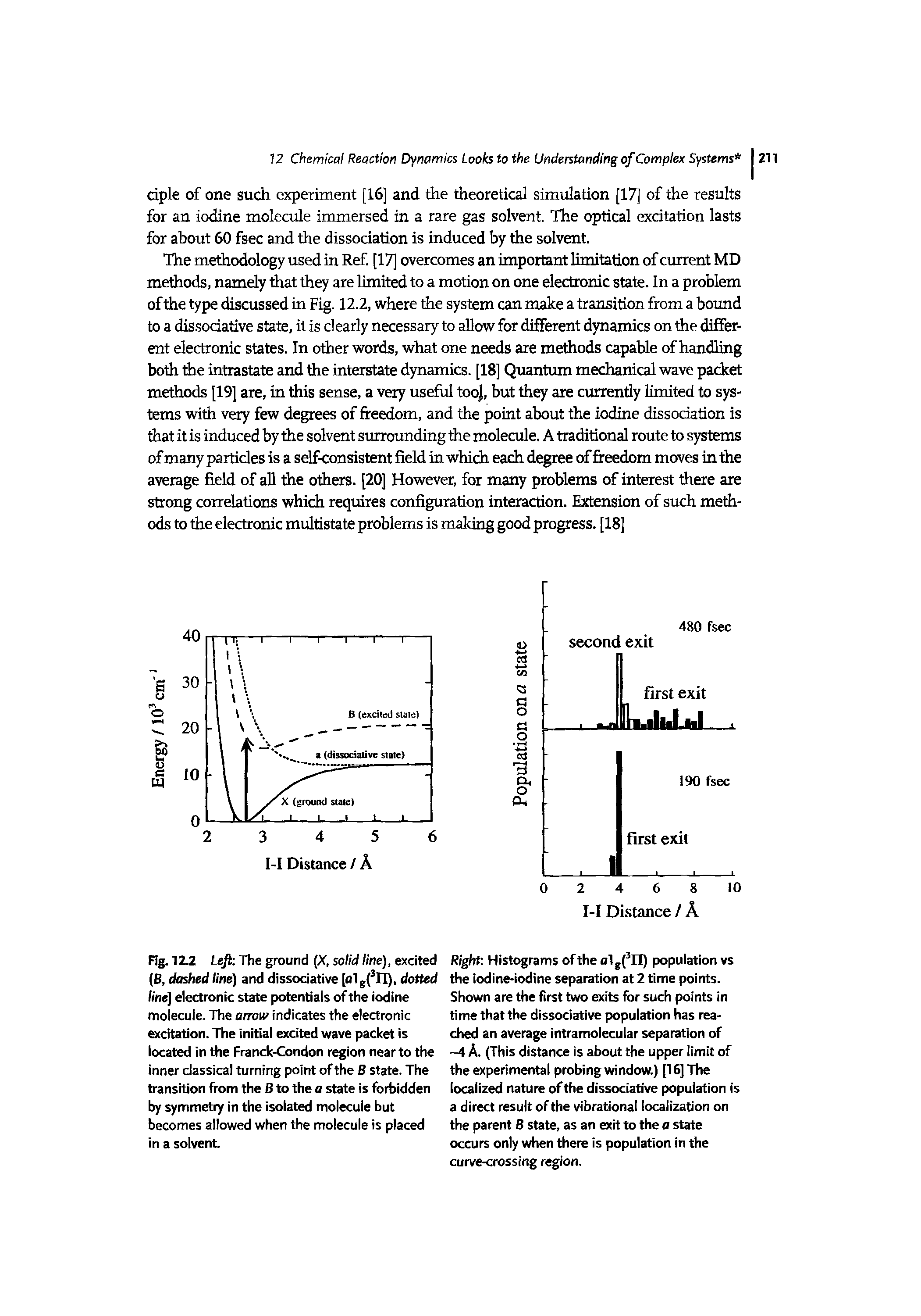 Fig. 12.2 Left The ground (X, solid line), excited (6, dashed line) and dissociative [a1g(3II), dotted line] electronic state potentials of the iodine molecule. The arrow indicates the electronic excitation. The initial excited wave packet is located in the Franck-Condon region near to the inner classical turning point of the B state. The transition from the B to the a state is forbidden by symmetry in the isolated molecule but becomes allowed when the molecule is placed in a solvent.