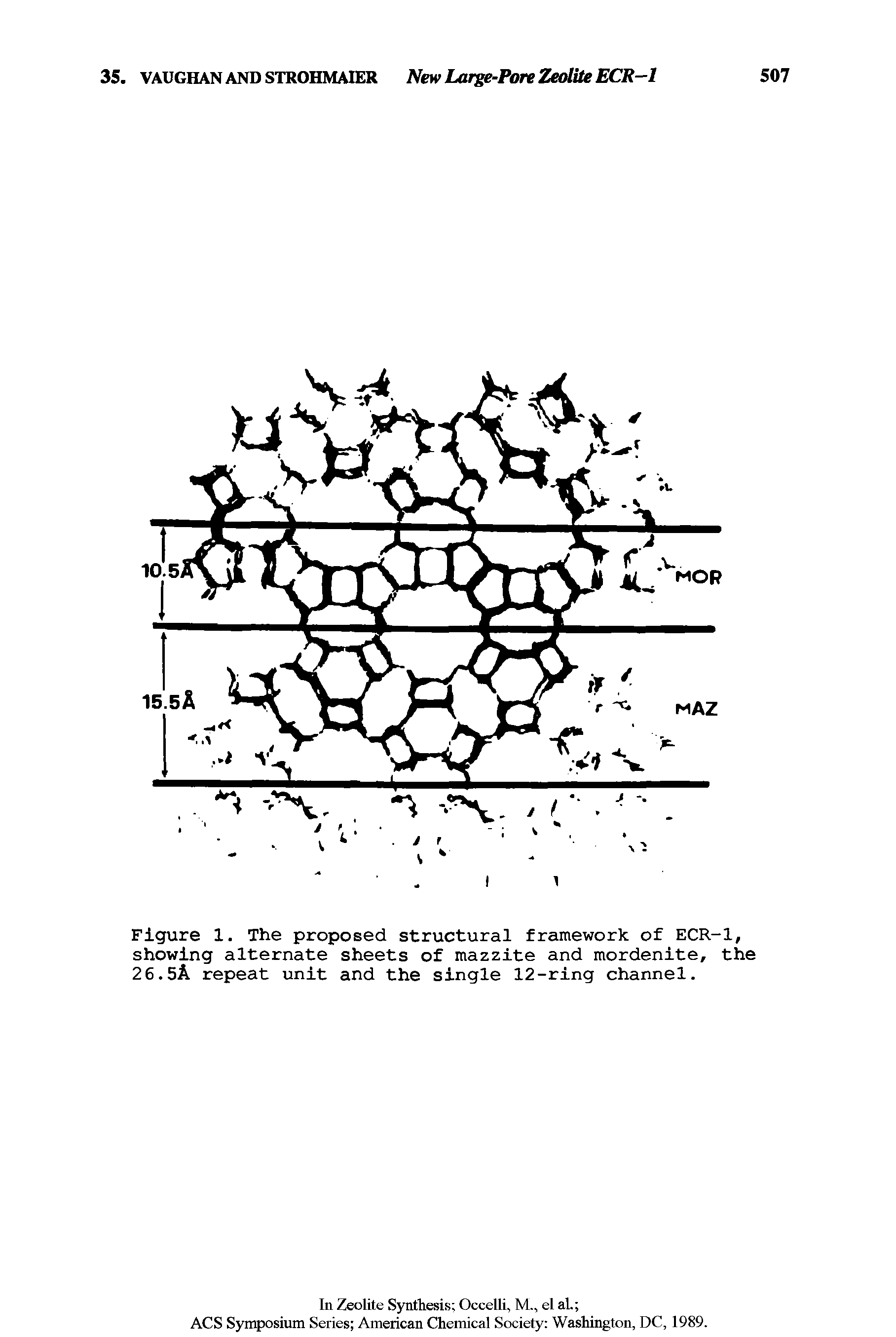 Figure 1. The proposed structural framework of ECR-1, showing alternate sheets of mazzite and mordenite, the 26.5A repeat unit and the single 12-ring channel.