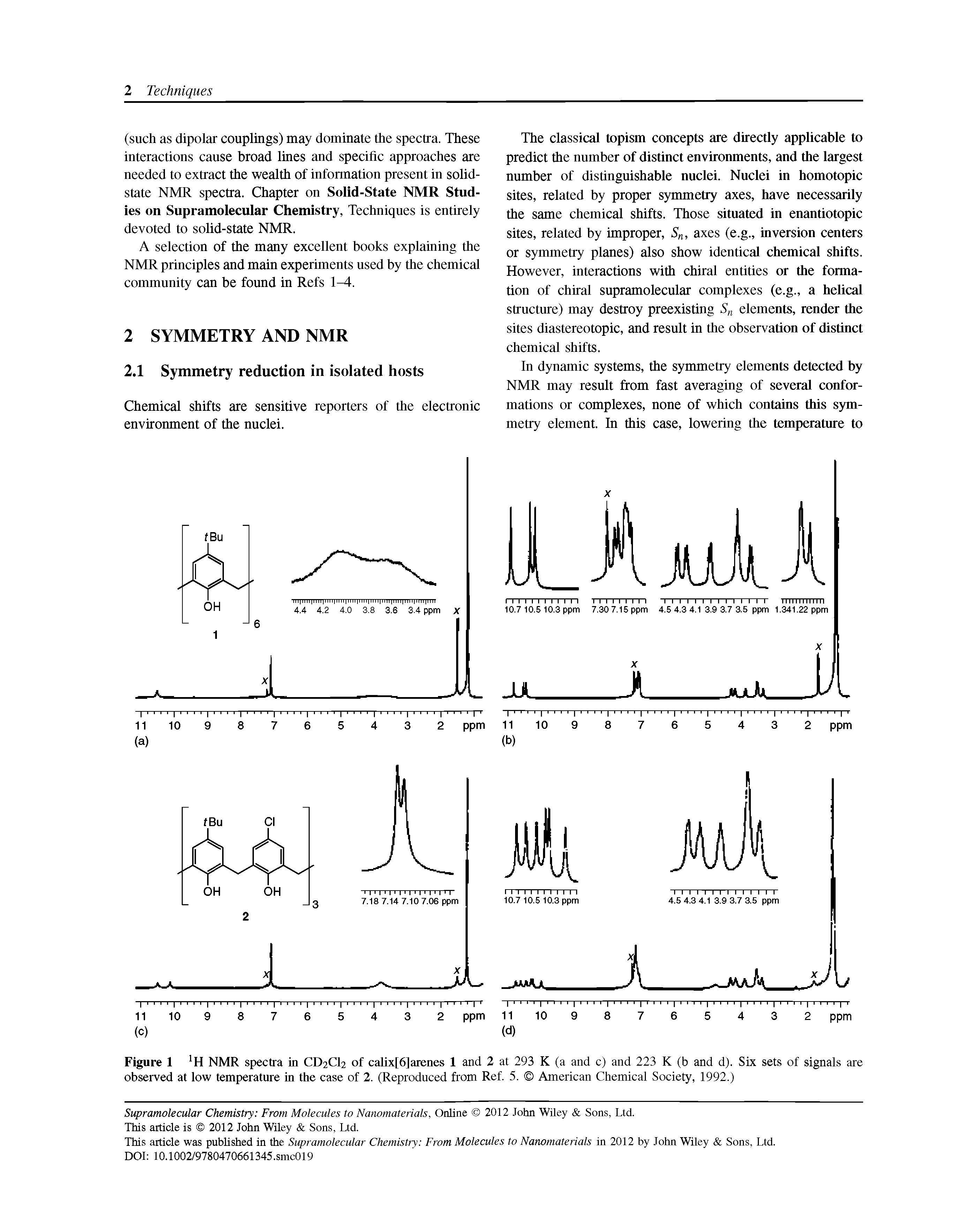 Figure 1 H NMR spectra in CD2CI2 of caUx[6]arenes 1 and 2 at 293 K (a and c) and 223 K (b and d). Six sets of signals are observed at low temperature in the case of 2. (Reproduced from Ref. 5. American Chemical Society, 1992.)...