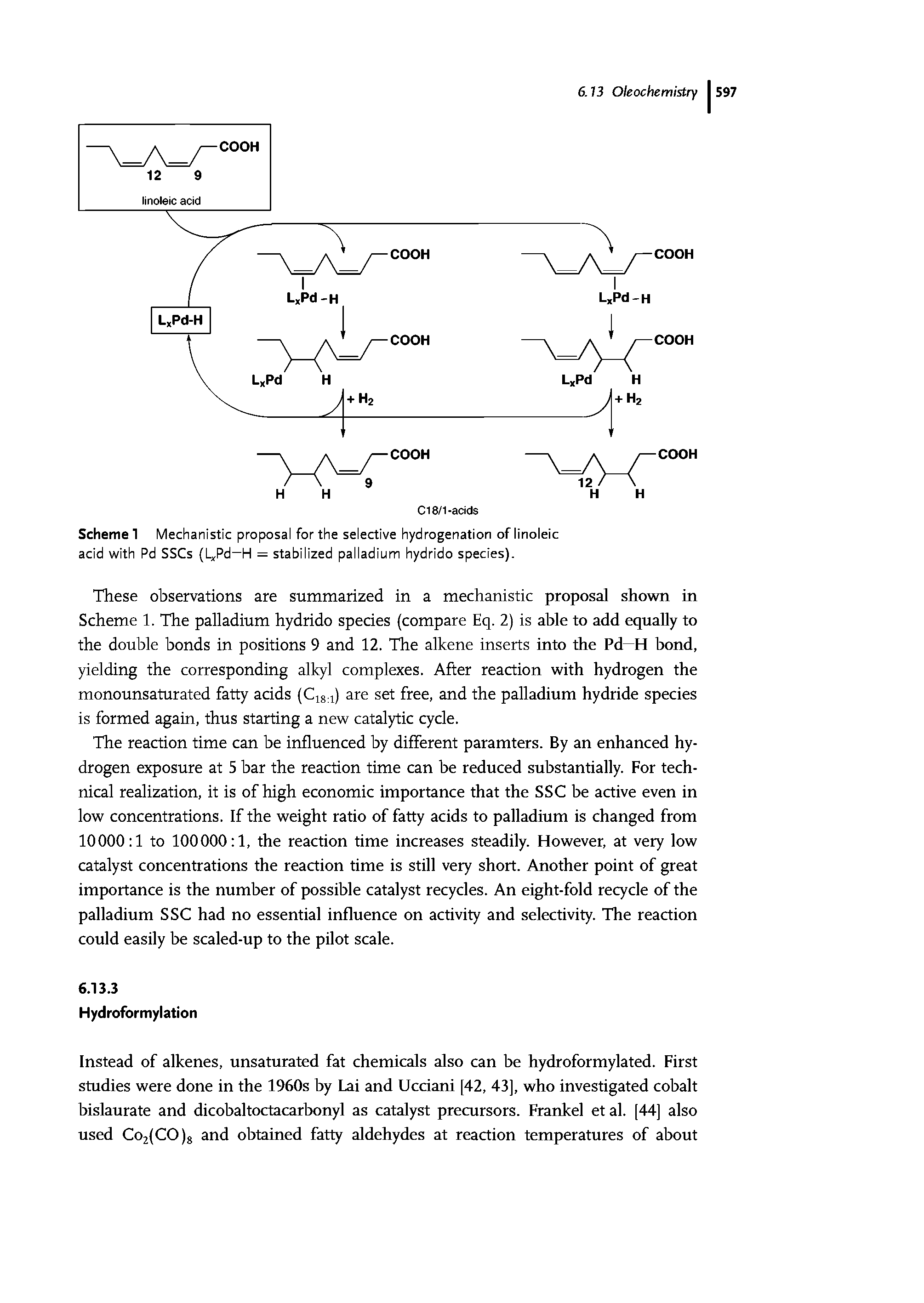 Scheme 1 Mechanistic proposal for the selective hydrogenation of linoleic acid with Pd SSCs (L,Pd—H = stabilized palladium hydrido species).