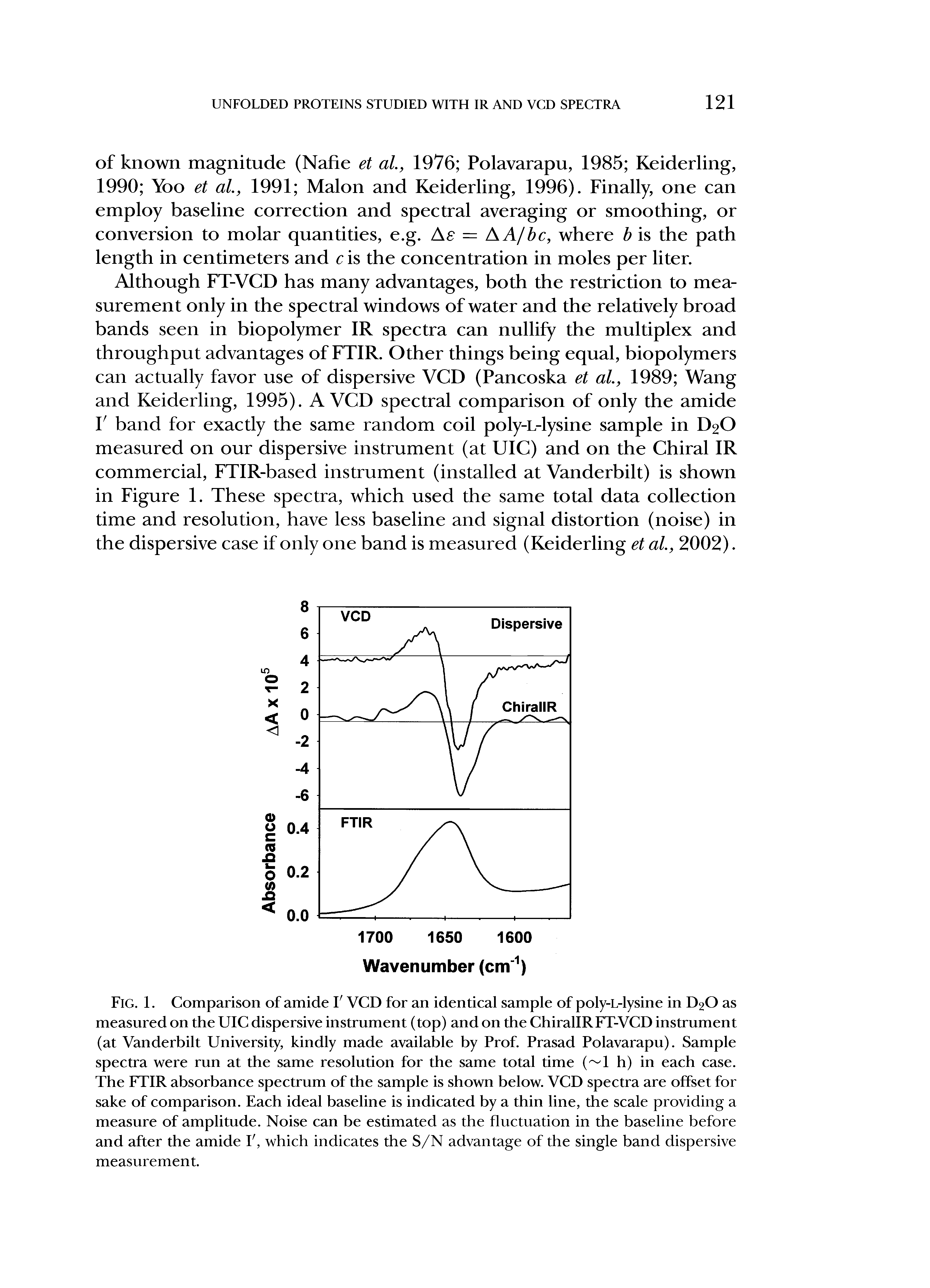 Fig. 1. Comparison of amide V VCD for an identical sample of poly-L-lysine in D20 as measured on the UIC dispersive instrument (top) and on the ChirallRFT-VCD instrument (at Vanderbilt University, kindly made available by Prof. Prasad Polavarapu). Sample spectra were run at the same resolution for the same total time ( 1 h) in each case. The FTIR absorbance spectrum of the sample is shown below. VCD spectra are offset for sake of comparison. Each ideal baseline is indicated by a thin line, the scale providing a measure of amplitude. Noise can be estimated as the fluctuation in the baseline before and after the amide V, which indicates the S/N advantage of the single band dispersive measurement.