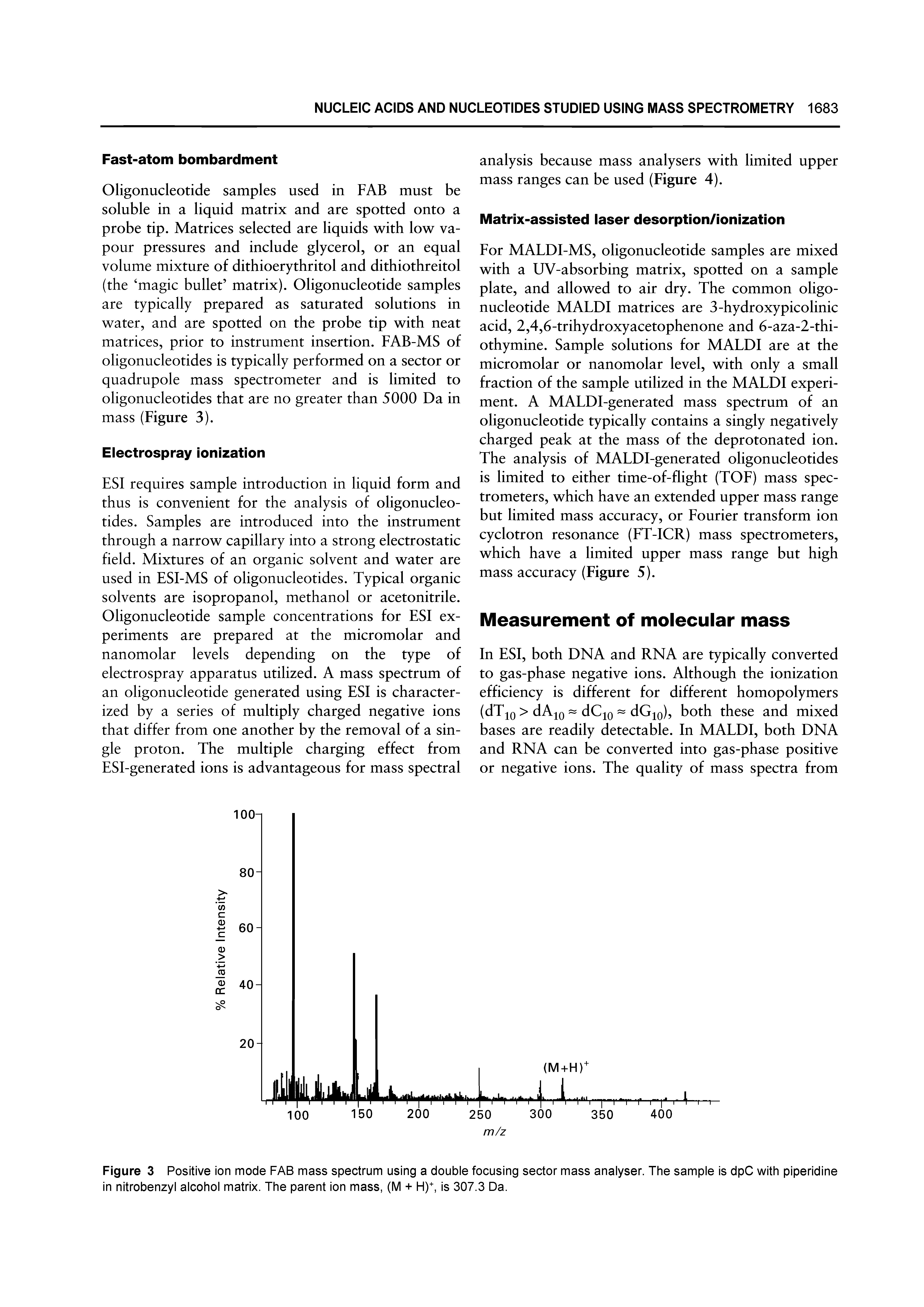 Figure 3 Positive ion mode FAB mass spectrum using a double focusing sector mass analyser. The sample is dpC with piperidine in nitrobenzyl alcohol matrix. The parent ion mass, (M + H), is 307.3 Da.