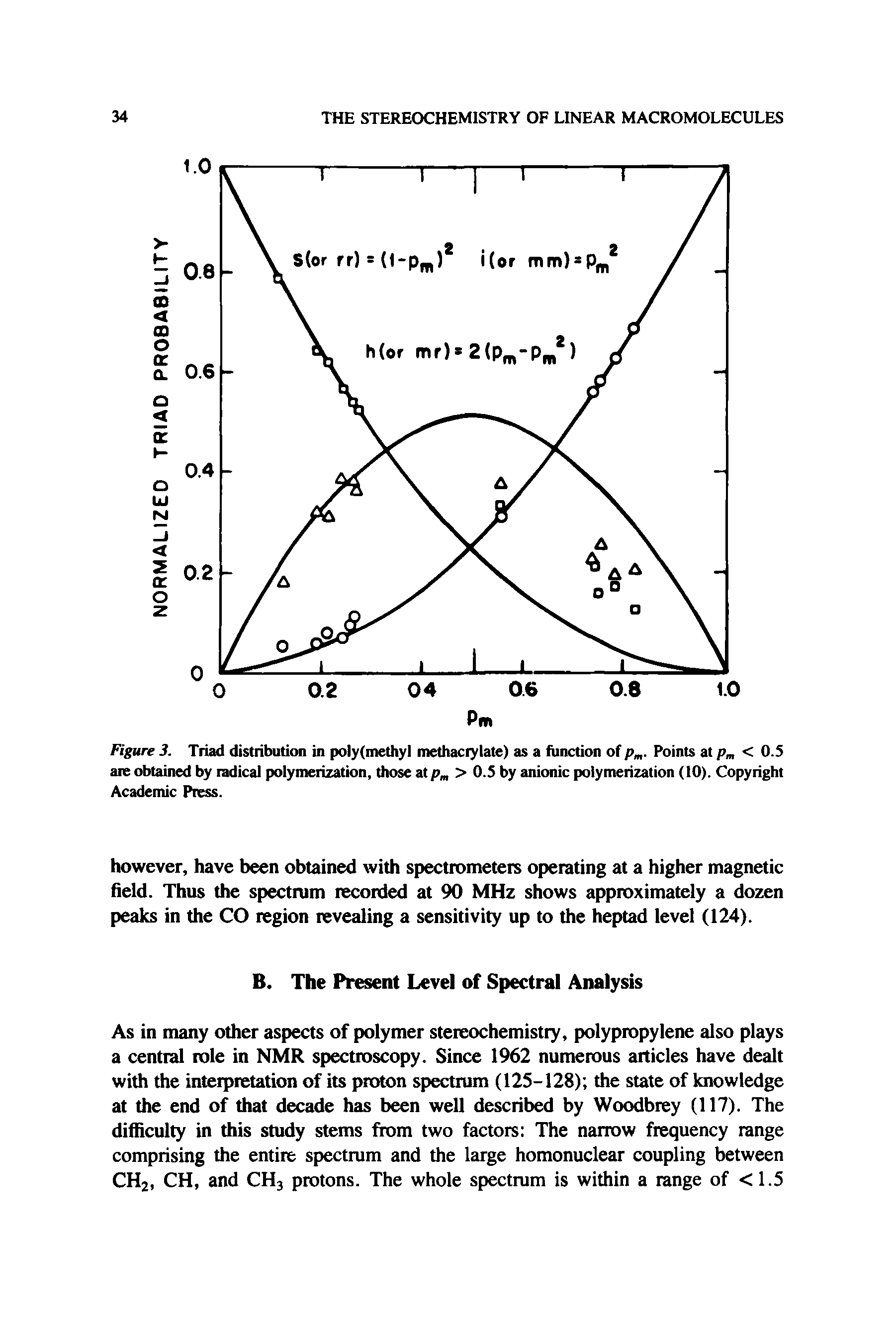 Figure 3. Triad distribution in poly(iiiethyl methaciylate) as a function of p . Points at < O.S are obtained by radical polymerization, those at p > O.S by anionic polymerization (10). Copyright Academic Press.