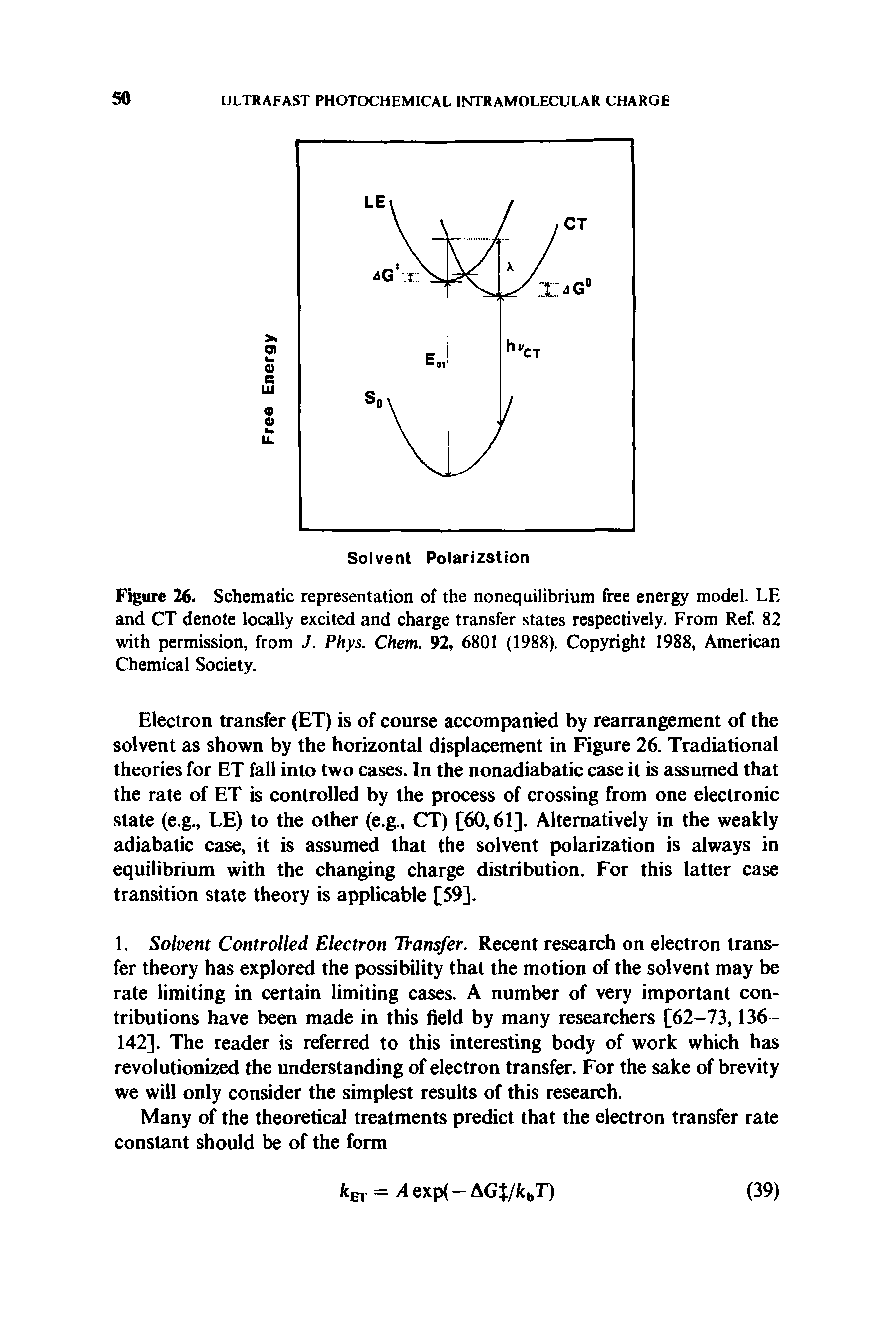 Figure 26. Schematic representation of the nonequilibrium free energy model. LE and CT denote locally excited and charge transfer states respectively. From Ref. 82 with permission, from J. Phys. Chem. 92, 6801 (1988). Copyright 1988, American Chemical Society.