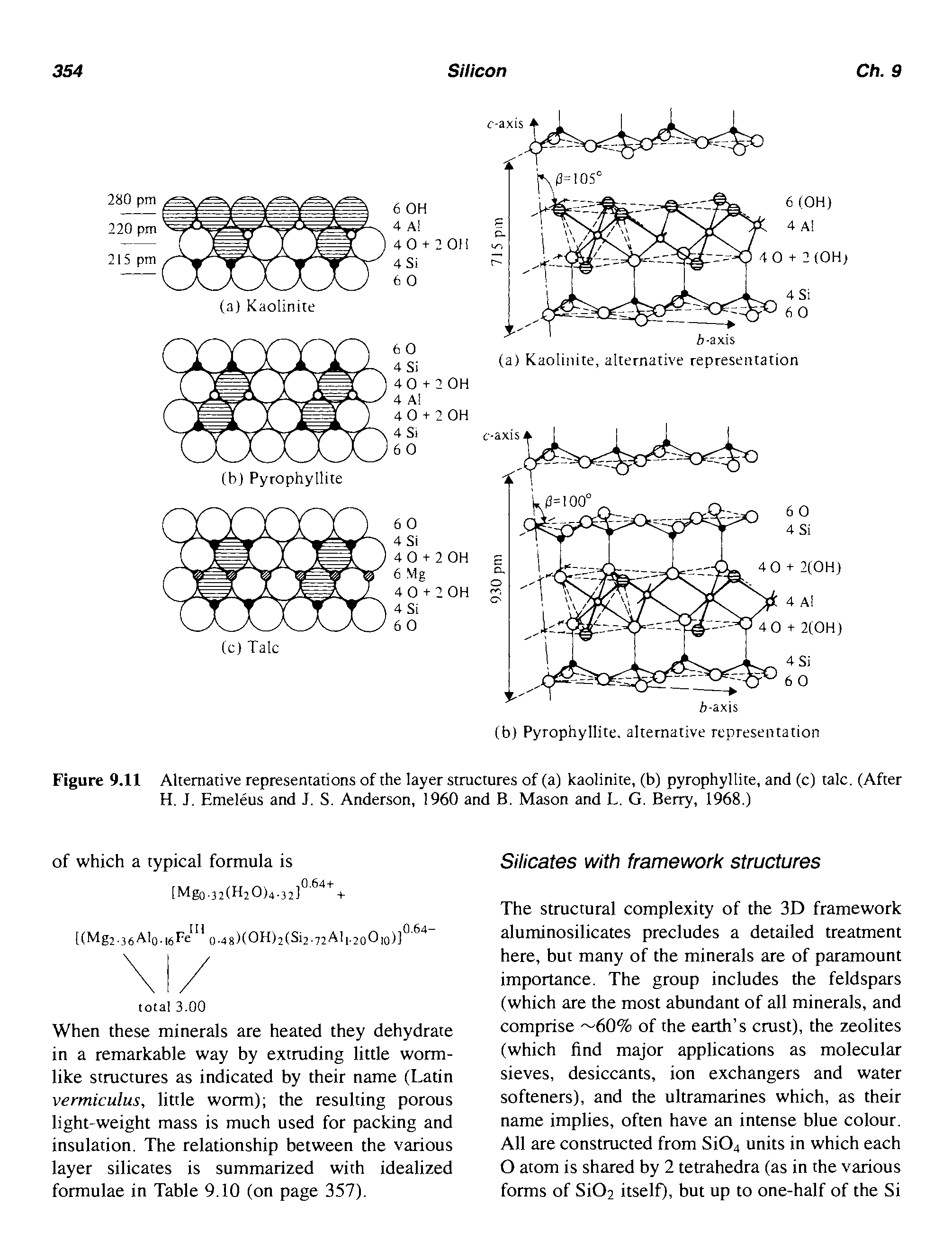 Figure 9.11 Alternative representations of the layer structures of (a) kaolinite, (b) pyrophyllite, and (c) talc. (After H. J. Emeleus and J. S. Anderson, 1960 and B. Mason and L. G. Berry, 1968.)...