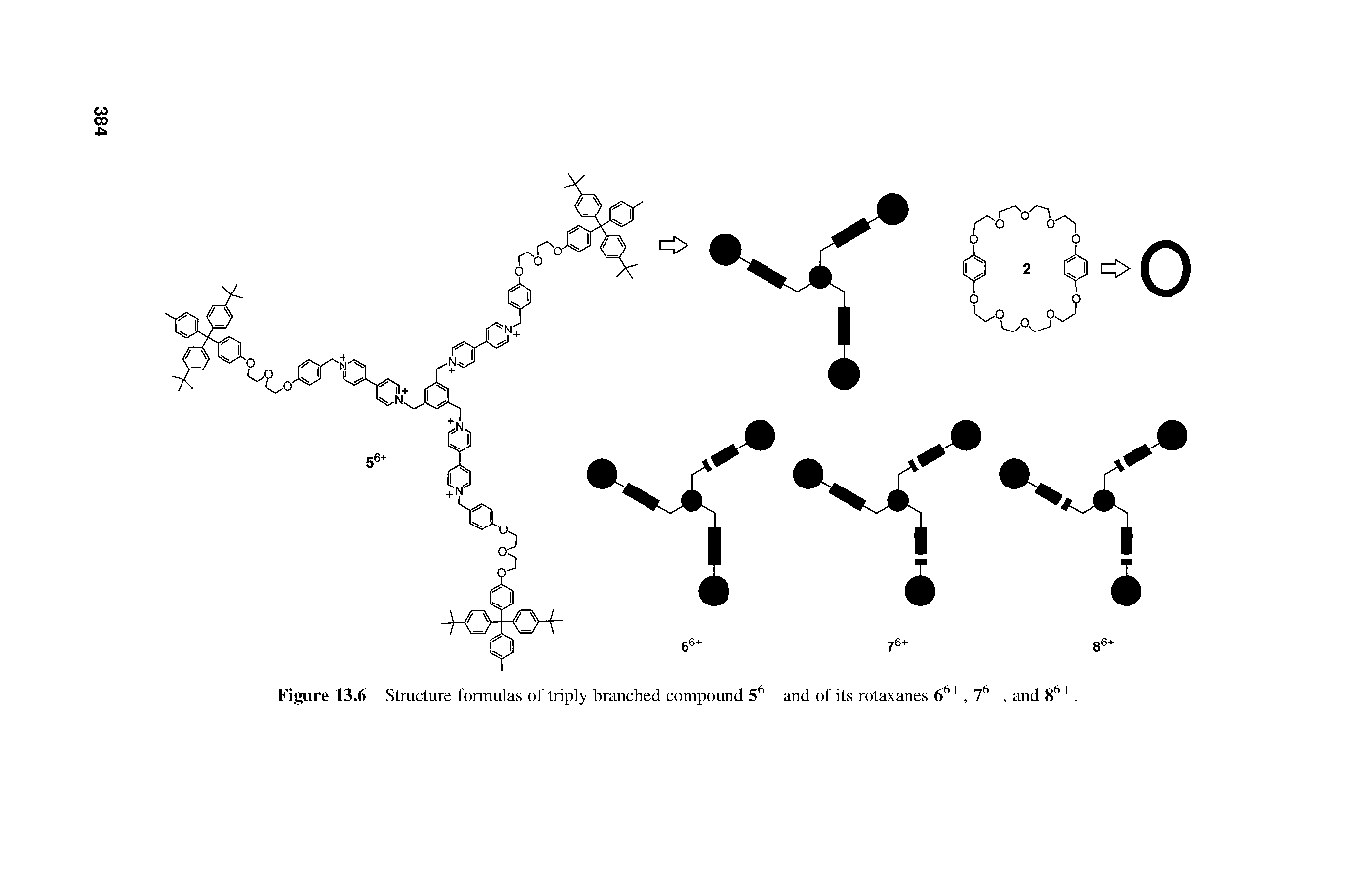 Figure 13.6 Structure formulas of triply branched compound 5b+ and of its rotaxanes 6, 7b, and 8b. ...